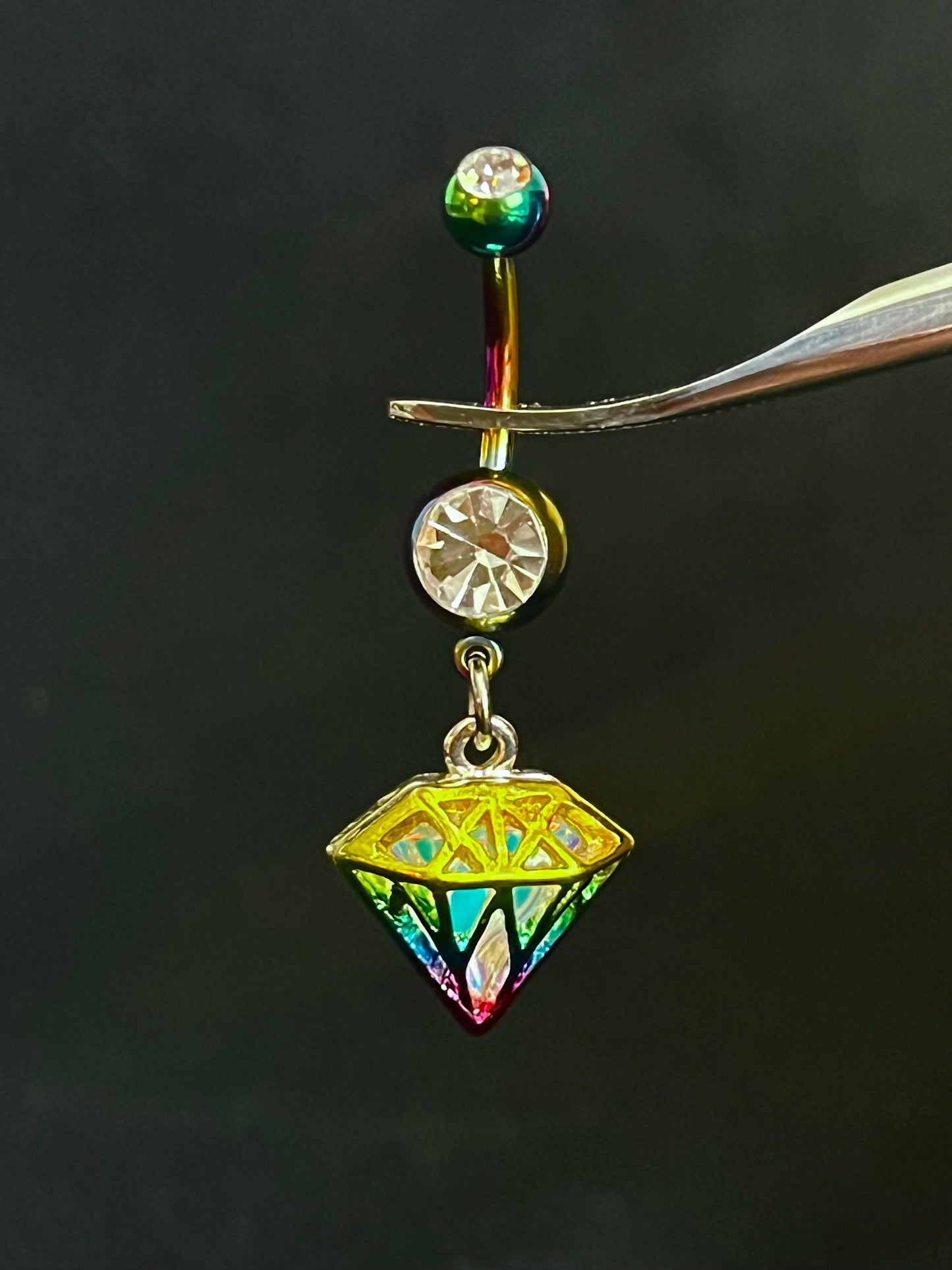 1 Piece Unique Iridescent Diamond-Shaped Gem Dangle Ring Navel / Naval Belly Ring - 14g - 10mm - Gold, Steel, Rainbow & Black Available!