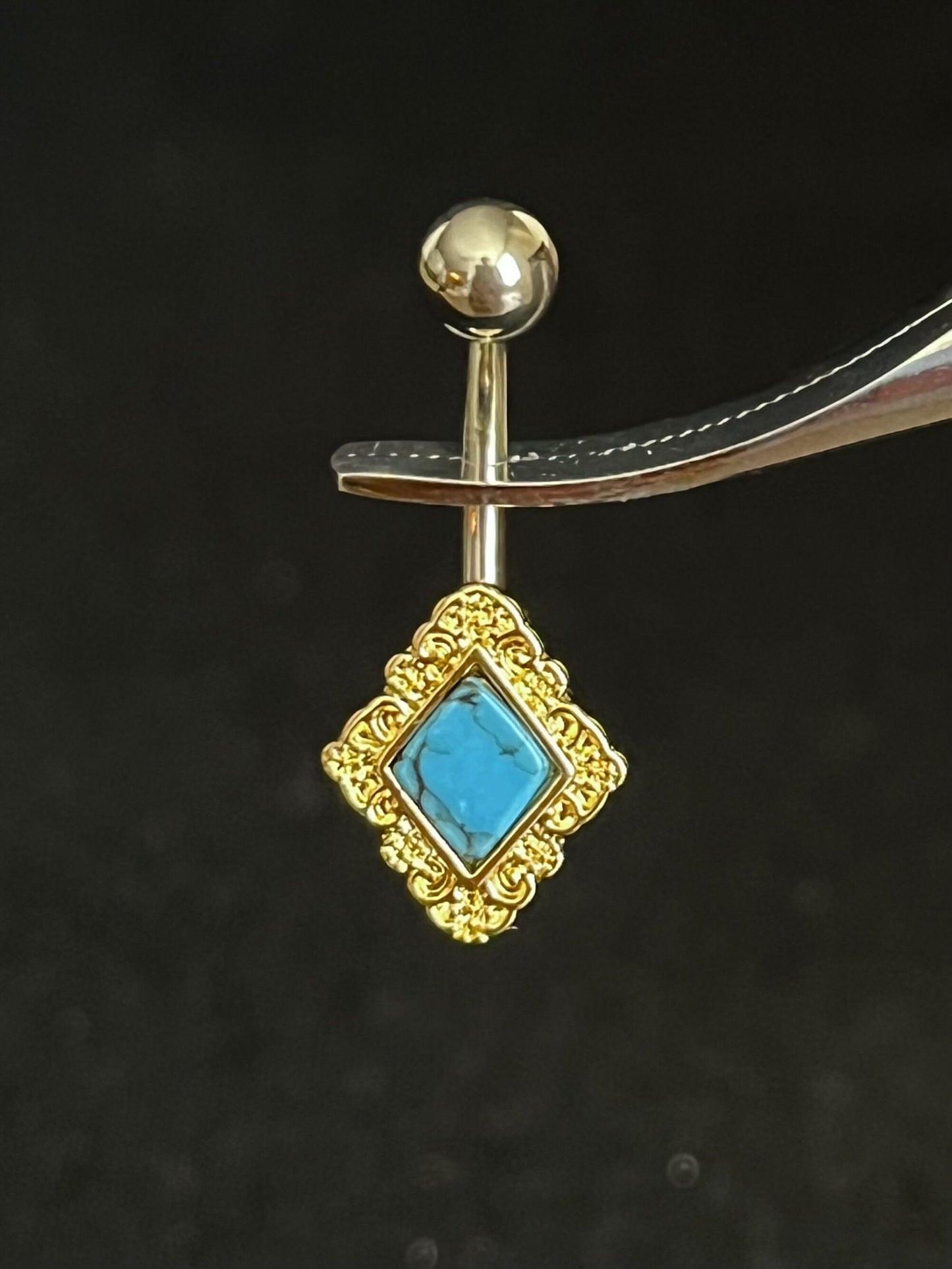 1 Piece Stunning Diamond-Shaped Filigree Edge Turquoise Navel / Naval Belly Button Ring - 14g - 10mm - Silver, Gold and Rose Gold Available!