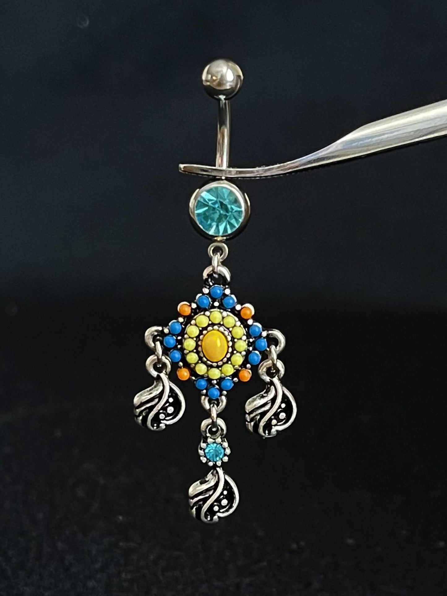 1 Piece Stunning Paved Beaded Tribal with Filigree Dangles Navel / Naval Belly Ring - 14g - 10mm - Gold and Silver Available!