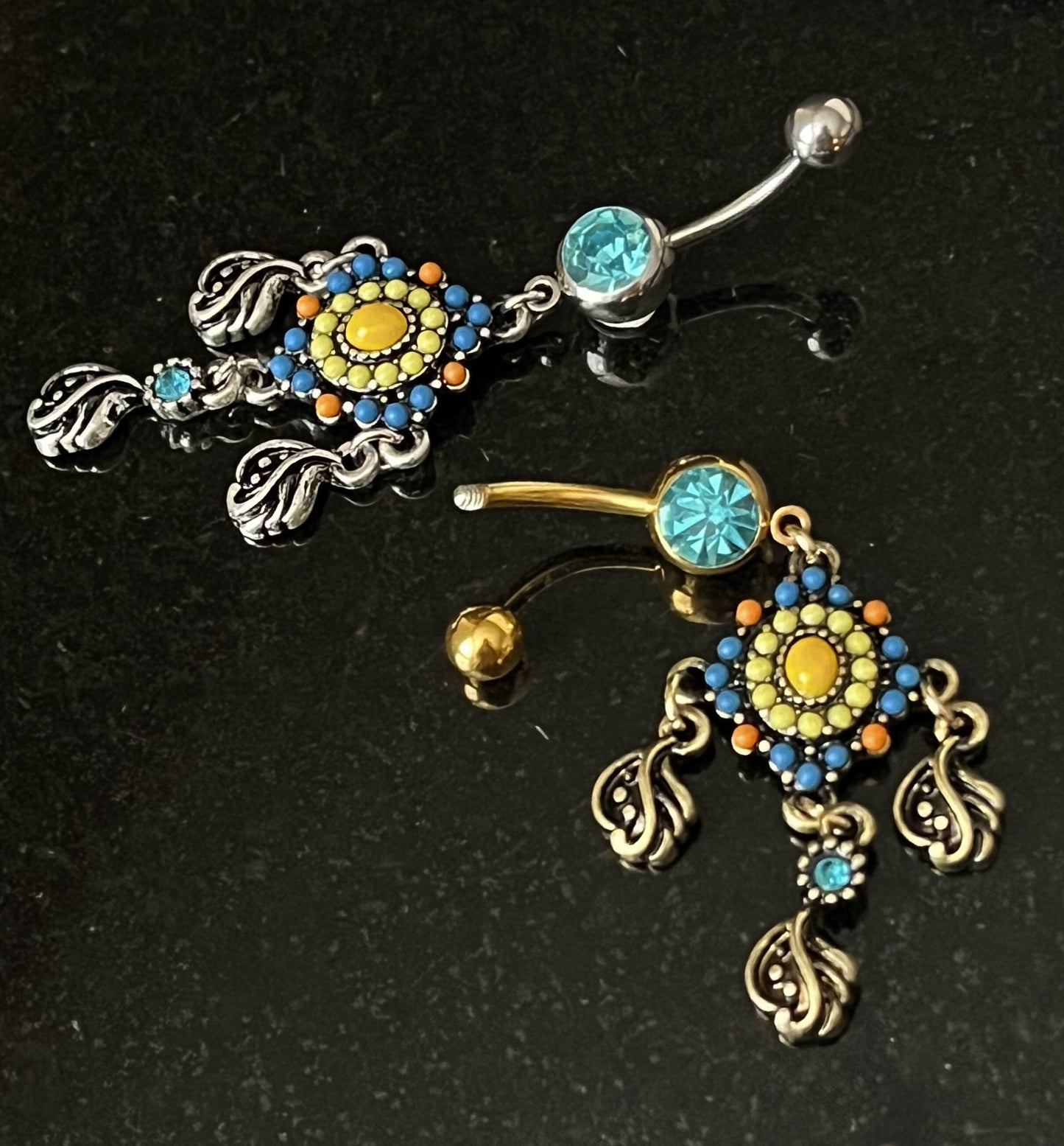 1 Piece Stunning Paved Beaded Tribal with Filigree Dangles Navel / Naval Belly Ring - 14g - 10mm - Gold and Silver Available!