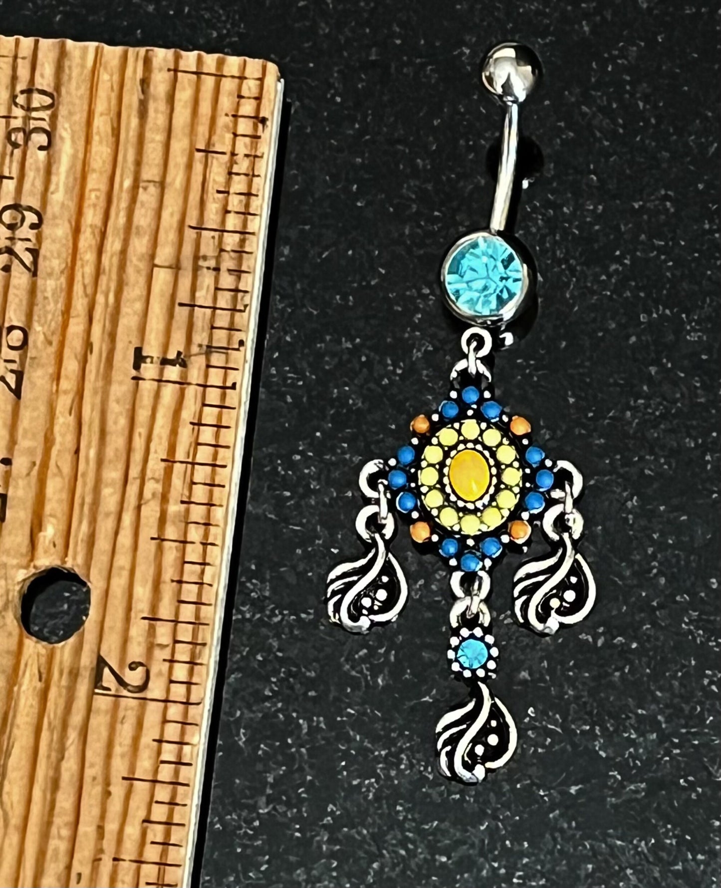 1 Piece Stunning Paved Beaded Tribal with Filigree Dangles Navel / Naval Belly Ring - 14g - 10mm - Gold and Silver Available!