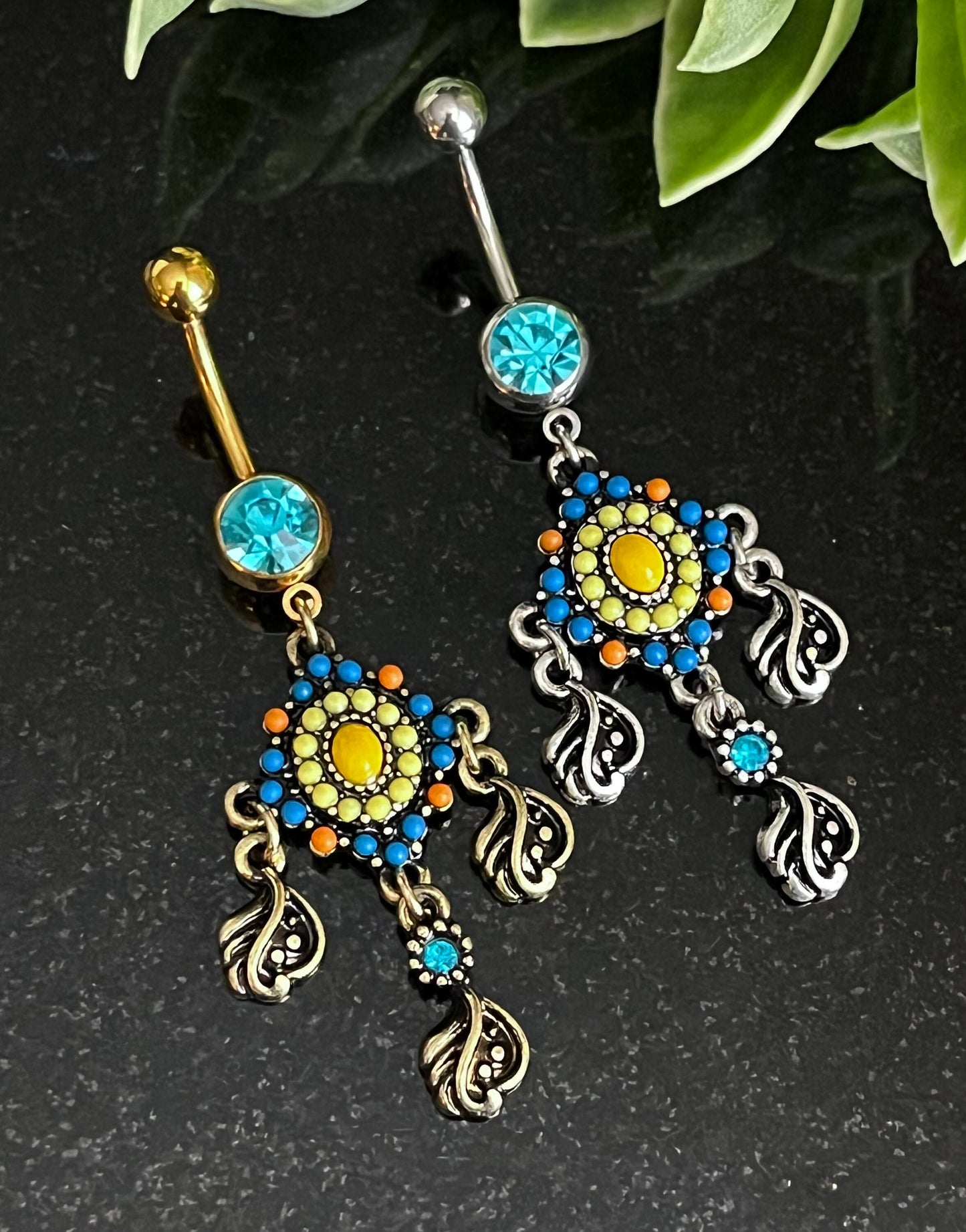 1 Piece Stunning Paved Beaded Tribal with Filigree Dangles Navel / Naval Belly Ring - 14g - 10mm - Gold and Silver Available!