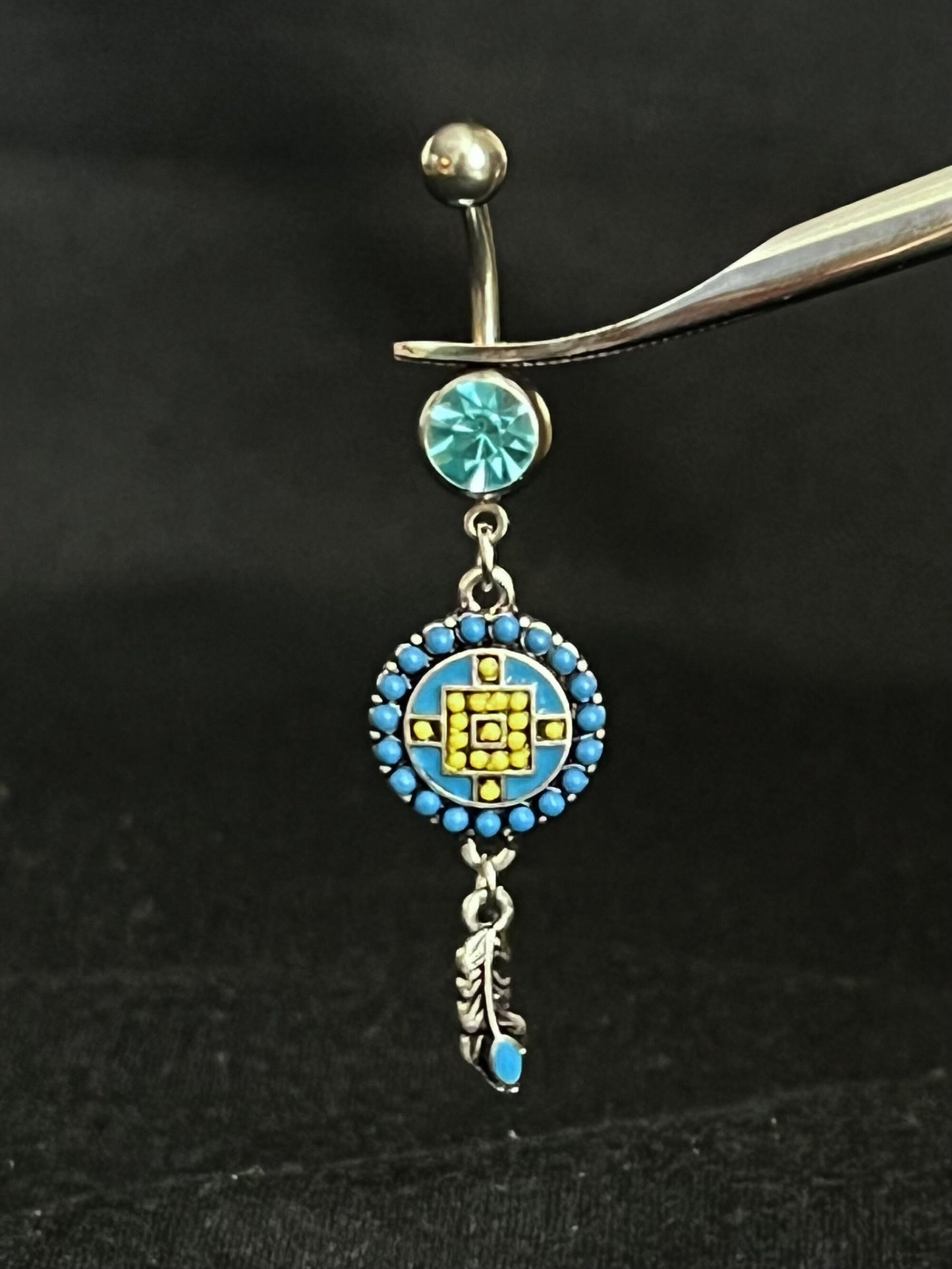 1 Piece Unique Aztec Turquoise Paved Circle with Feather Dangle Navel / Naval Belly Ring - 14g - 10mm - Gold and Silver Available!