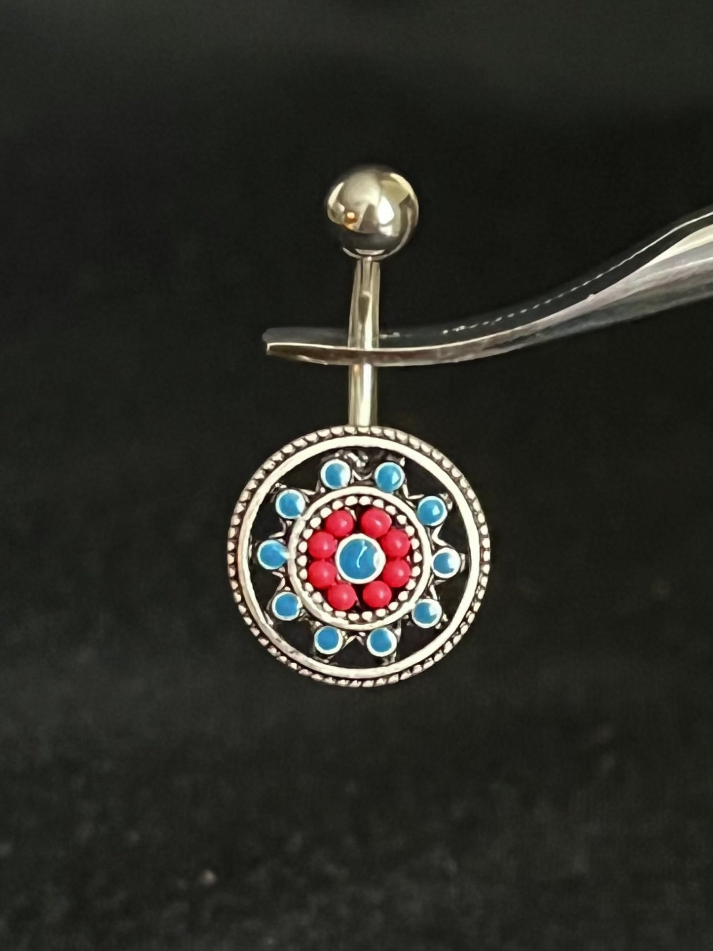 1 Piece Unique Aztec Turquoise Paved Circle with Feather Dangle Navel / Naval Belly Ring - 14g - 10mm - Gold and Silver Available!