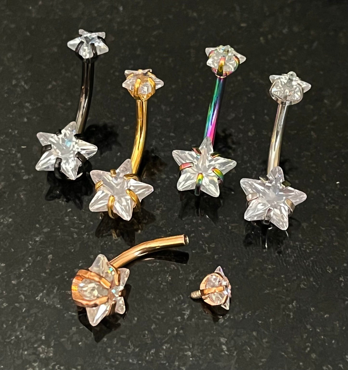 1 Piece Brilliant Prong Set CZ Gem Double Star Internally Threaded Navel/Naval Belly Ring - 14g - 10mm - Available in a Variety of Colors:)