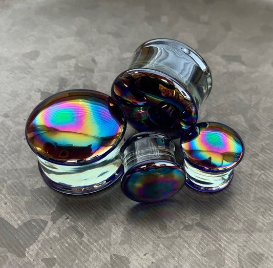 PAIR of Stunning Oil Slick Design Pyrex Glass Double Flare Plugs - Gauges 1/2" (12mm) through 1&3/16" (30mm) available!