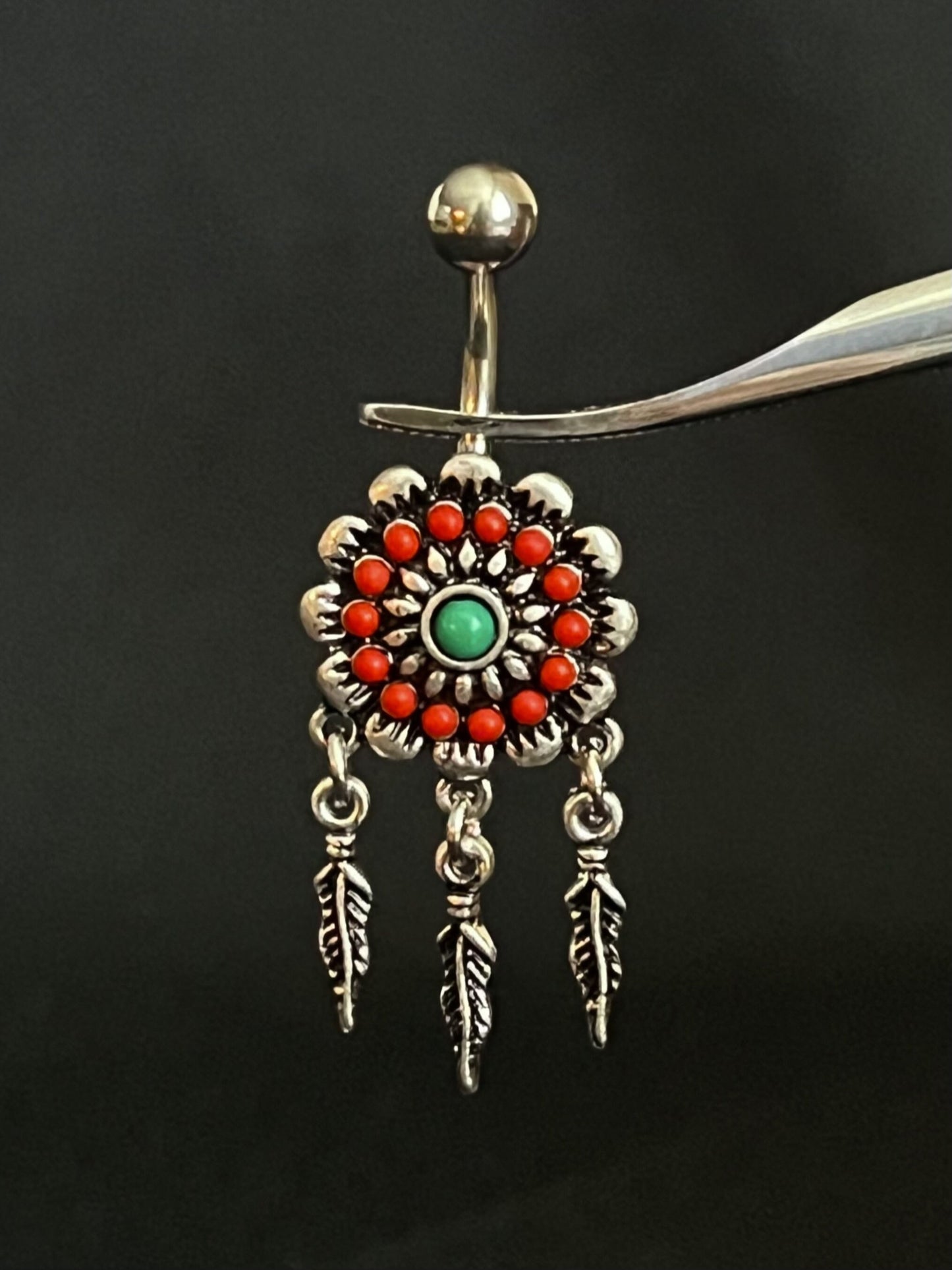 1 Piece Unique Tribal Flower Belly Button Ring with Feather Dangles Navel / Naval - 14g - 10mm - Gold and Silver Available!