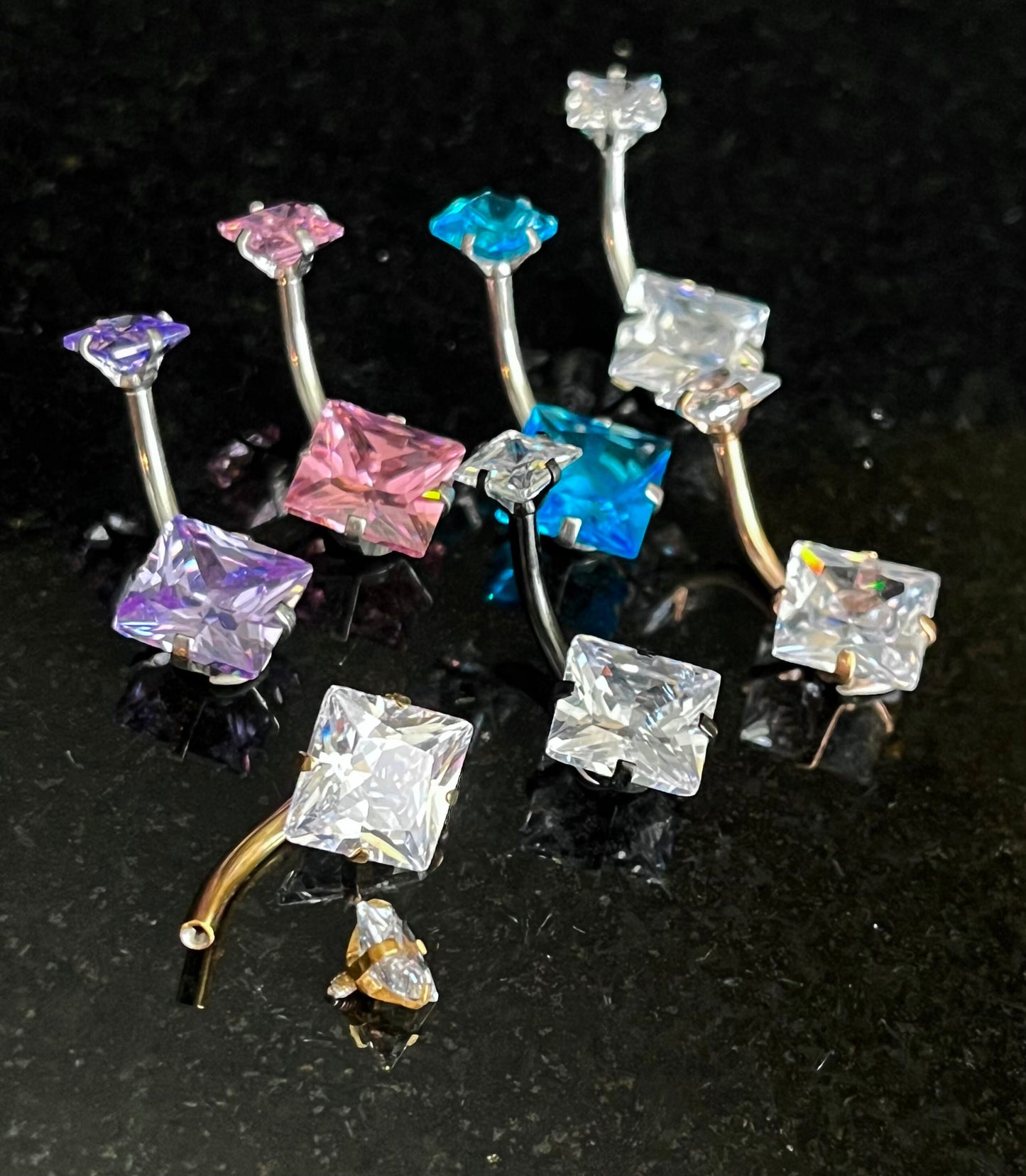 1 Piece Stunning Prong Set Square CZ Gem Internally Threaded Navel / Naval Belly Ring - 14g - Available in a Variety of Colors!