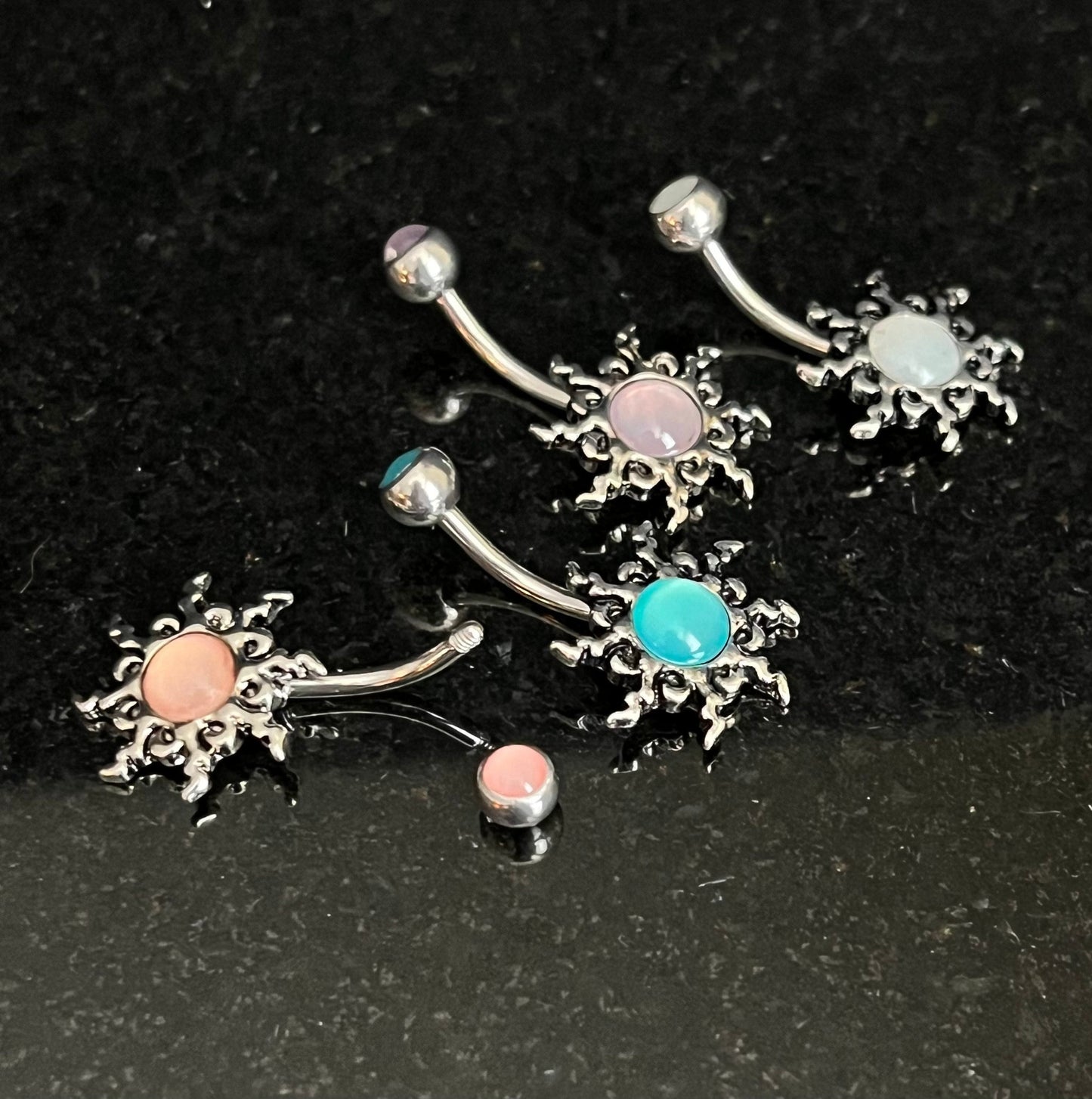 1 Piece Beautiful Tribal Sun Illuminating Stone Ring Navel / Naval Belly Ring - 14g - 10mm - Available in Clear, Pink, Aqua & Purple!