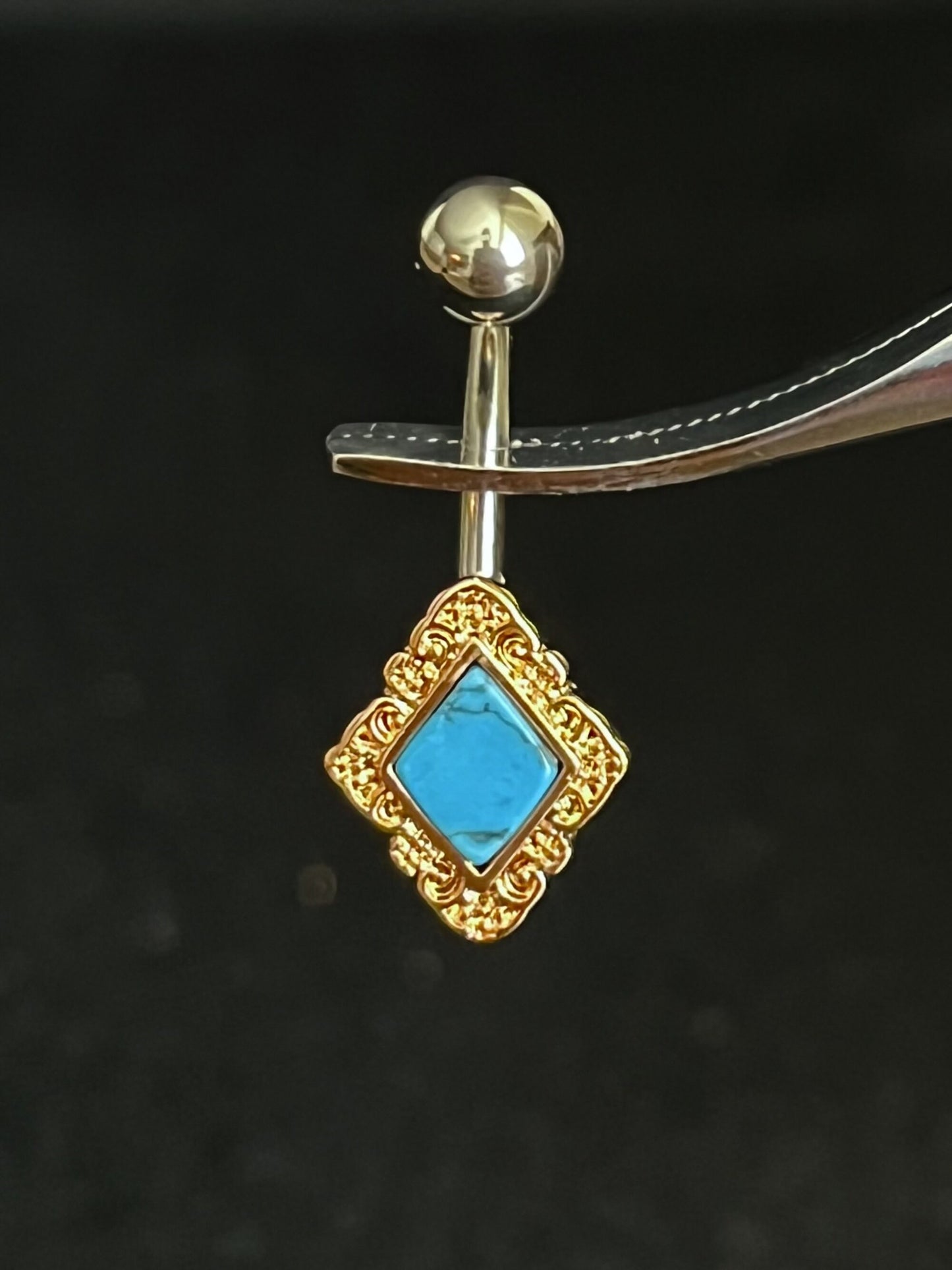 1 Piece Stunning Diamond-Shaped Filigree Edge Turquoise Navel / Naval Belly Button Ring - 14g - 10mm - Silver, Gold and Rose Gold Available!