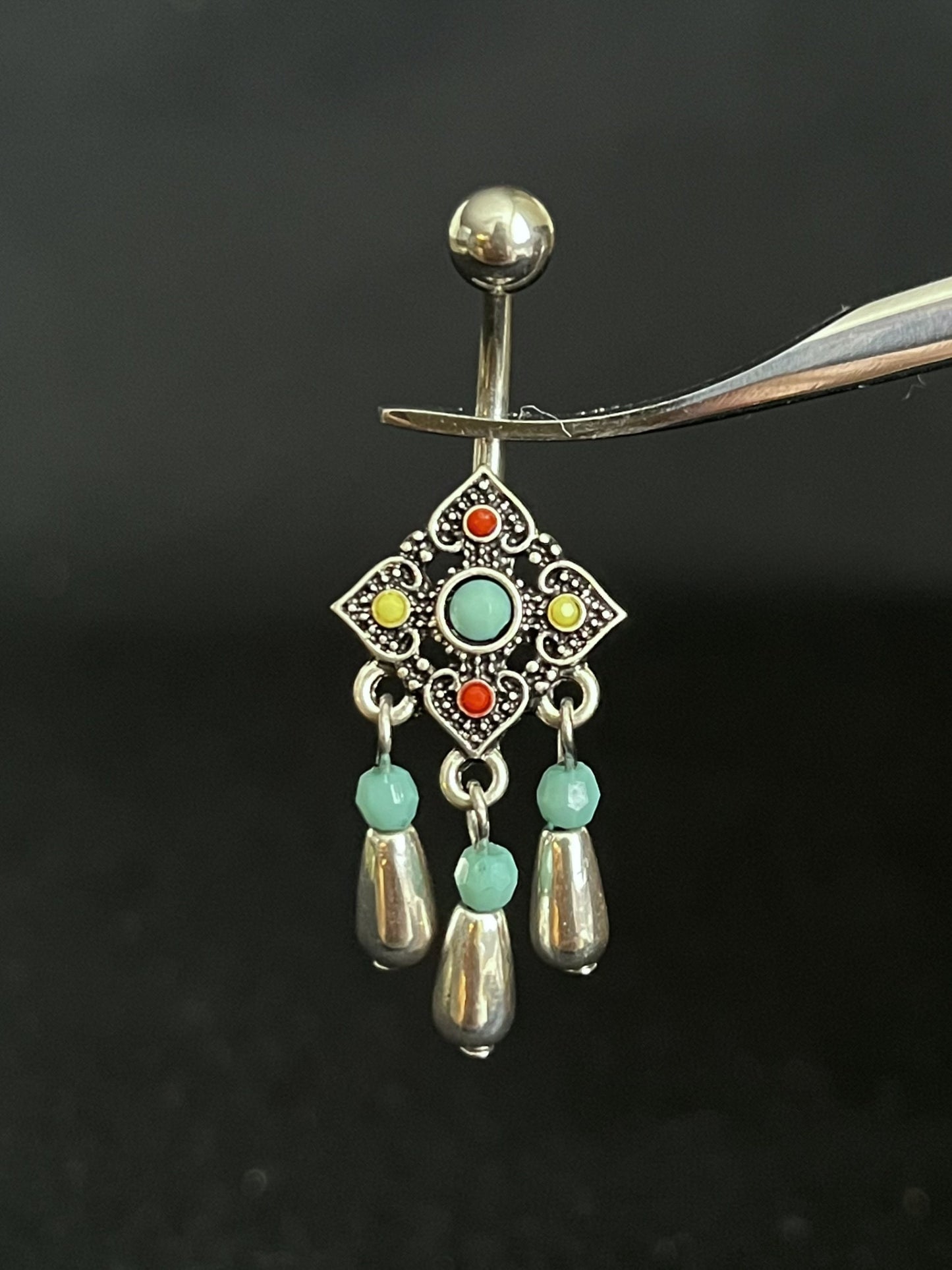 1 Piece Unique Tribal Square Flower with Bead Dangles Navel / Naval Belly Ring - 14g - 10mm - Gold and Silver Available!