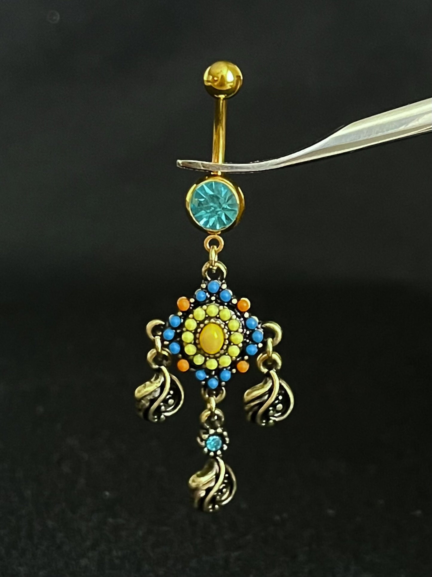 1 Piece Stunning Paved Beaded Tribal with Filigree Dangles Navel / Naval Belly Ring - 14g - 10mm - Gold and Silver Available!