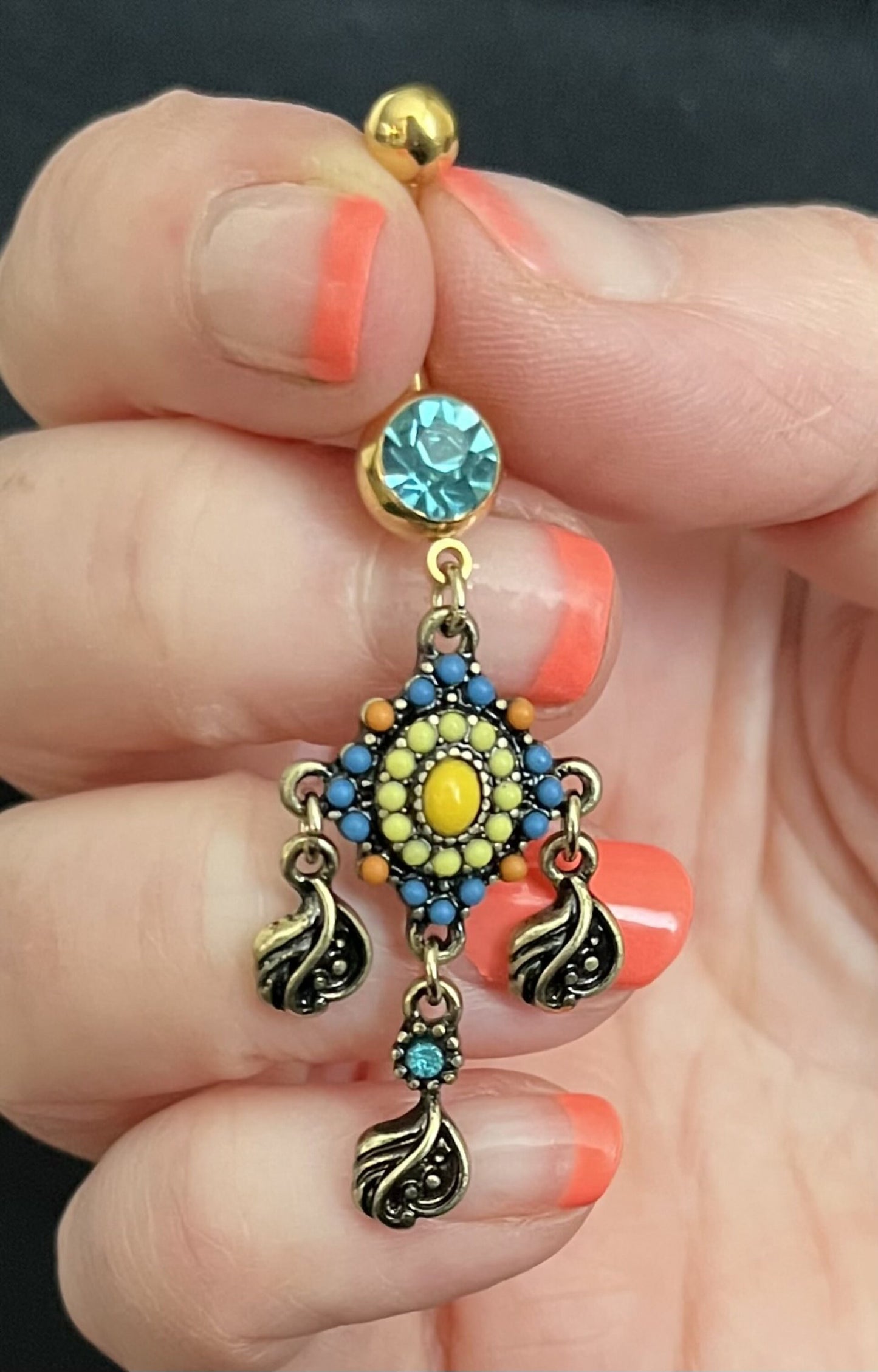 1 Piece Stunning Paved Beaded Tribal with Filigree Dangles Navel / Naval Belly Ring - 14g - 10mm - Gold and Silver Available!