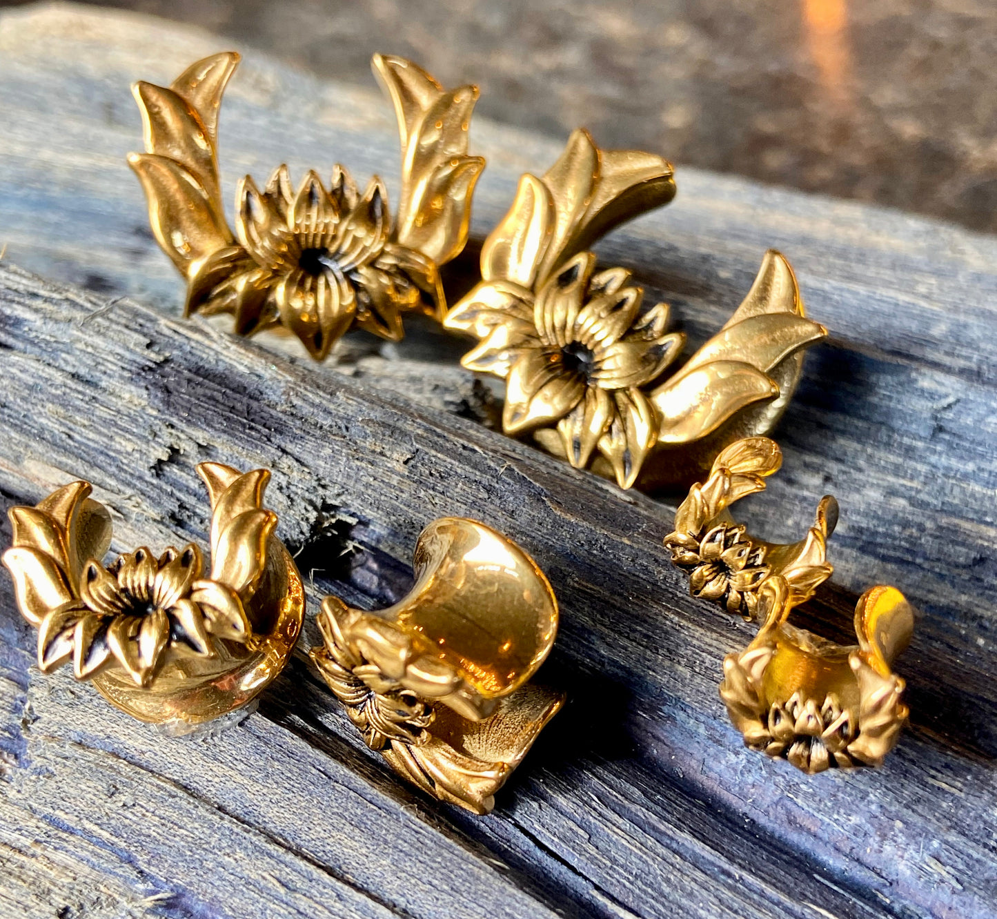 PAIR of Unique Gold Plated Lotus Flower Ear Spreader Surgical Steel Tunnels/Plugs - Gauges 0g (8mm) through 3/4" (19mm) available!
