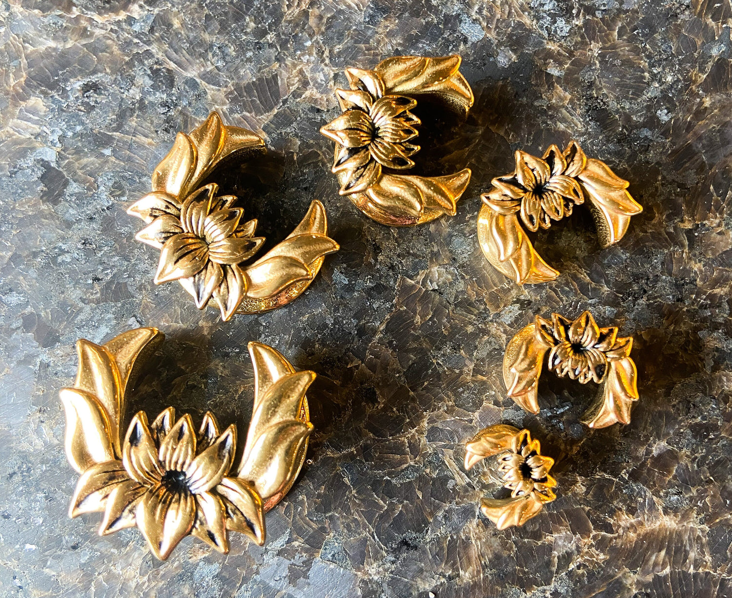 PAIR of Unique Gold Plated Lotus Flower Ear Spreader Surgical Steel Tunnels/Plugs - Gauges 0g (8mm) through 3/4" (19mm) available!