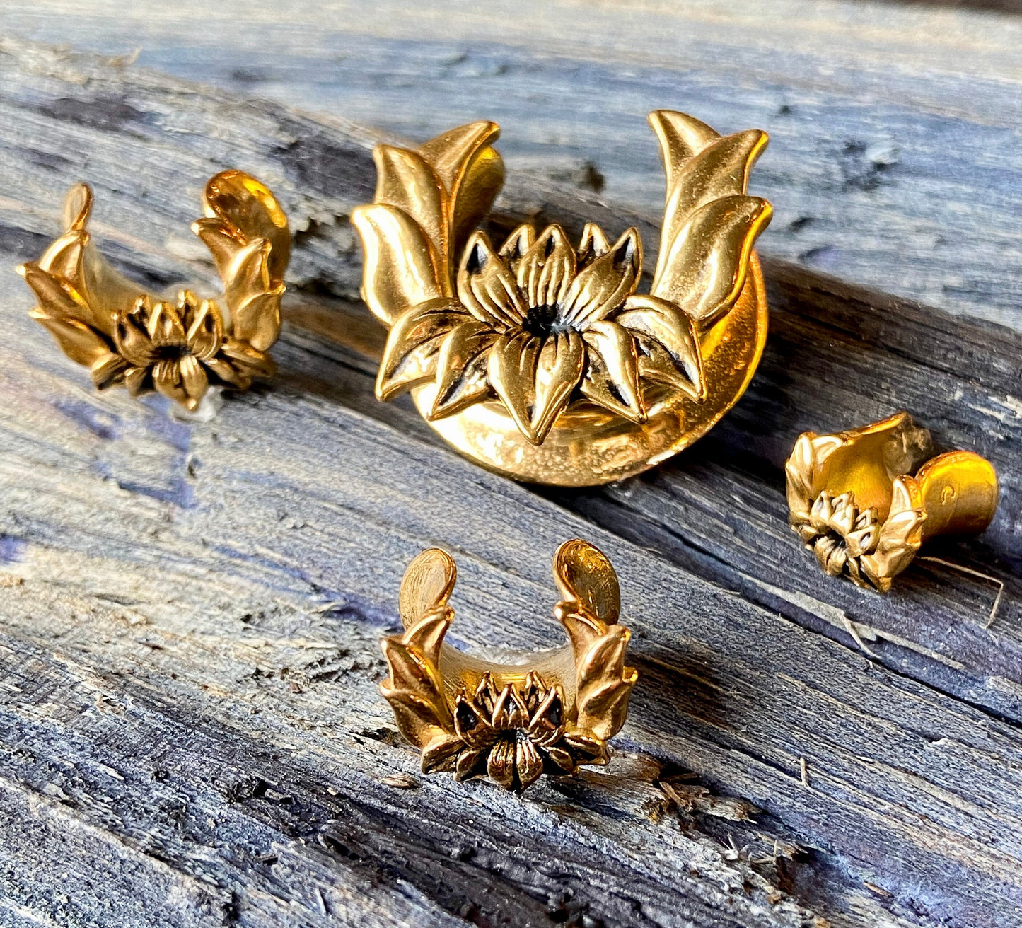 PAIR of Unique Gold Plated Lotus Flower Ear Spreader Surgical Steel Tunnels/Plugs - Gauges 0g (8mm) through 3/4" (19mm) available!