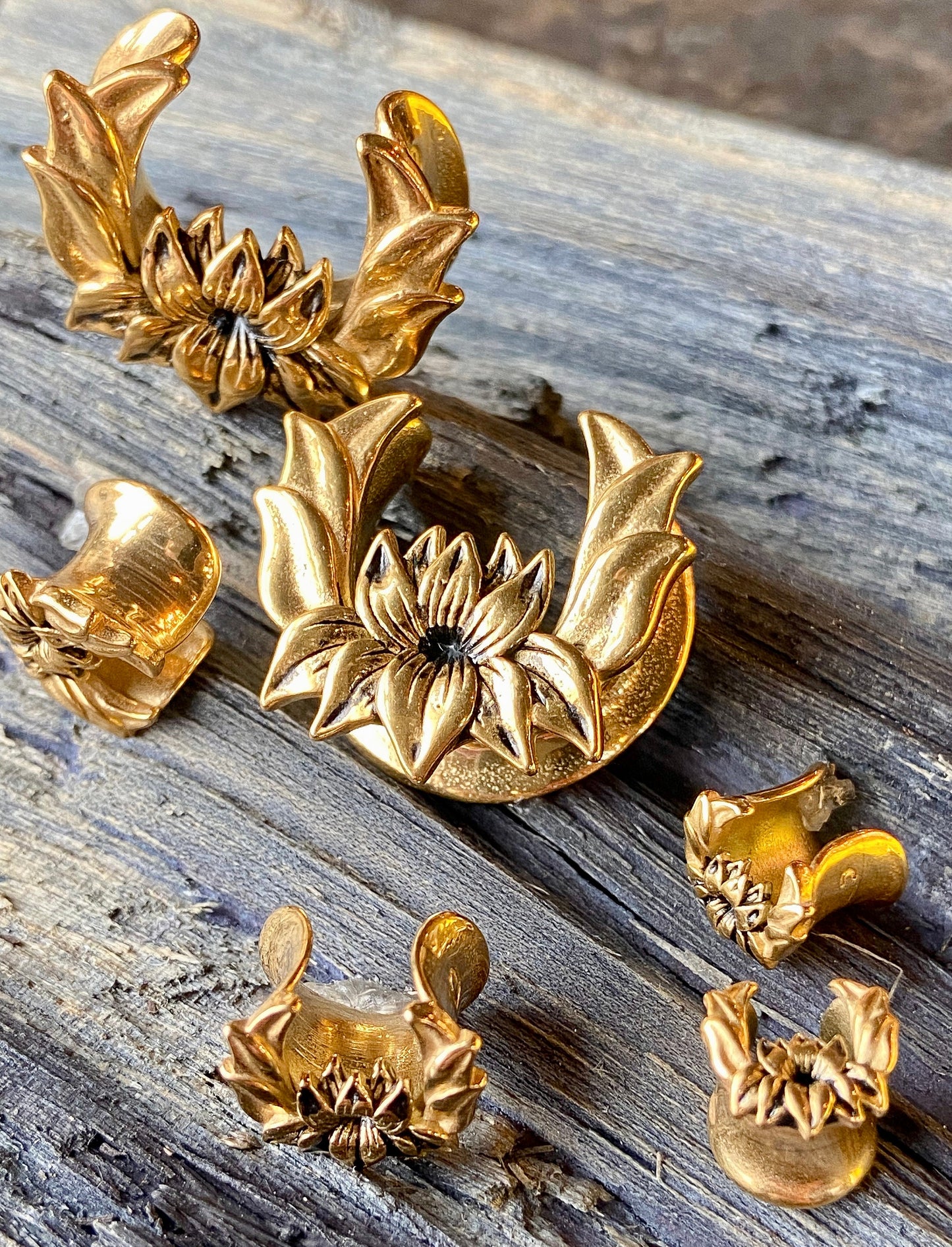 PAIR of Unique Gold Plated Lotus Flower Ear Spreader Surgical Steel Tunnels/Plugs - Gauges 0g (8mm) through 3/4" (19mm) available!