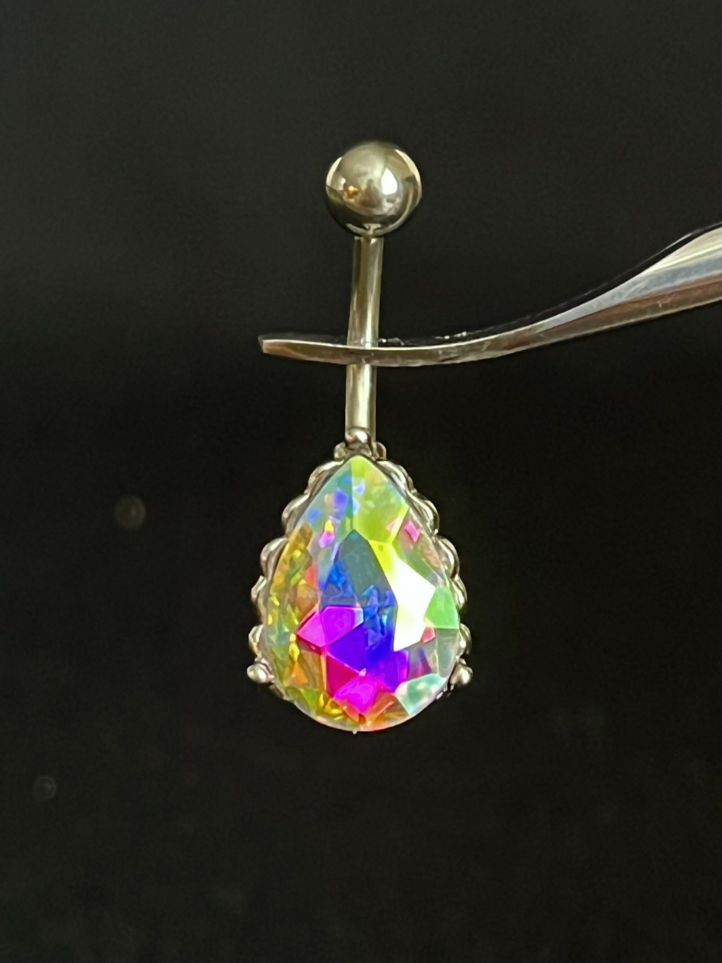 1 Piece Stunning AB Effect Tear Drop Gem with Heart Filigree Back Steel Belly Ring - 14g - Available in a Variety of Colors!