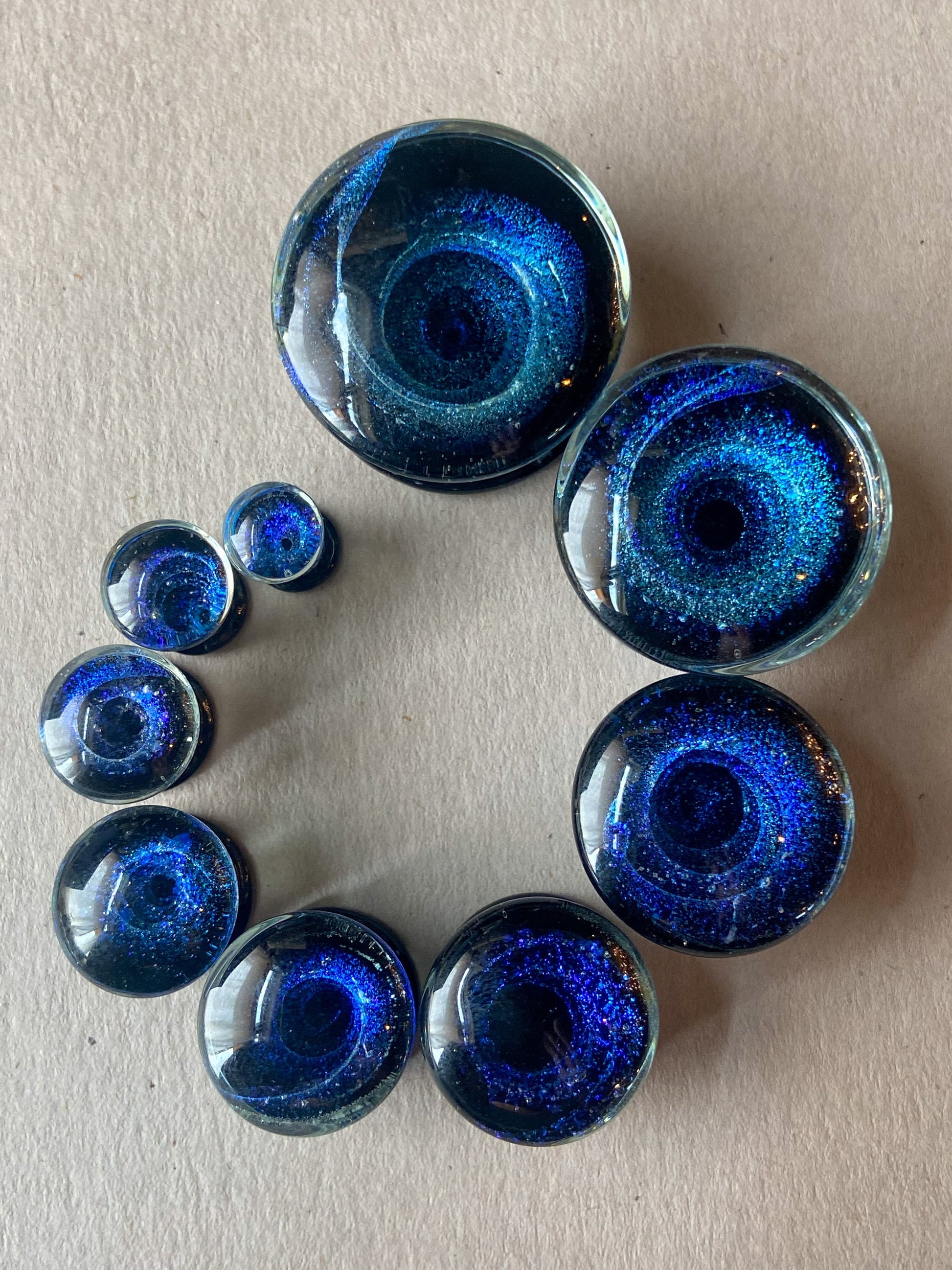 PAIR of Stunning Blue Vortex Swirl Design Pyrex Glass Double Flare Plugs/Tunnels - Gauges 2g (6mm) through 1" (25mm) available!