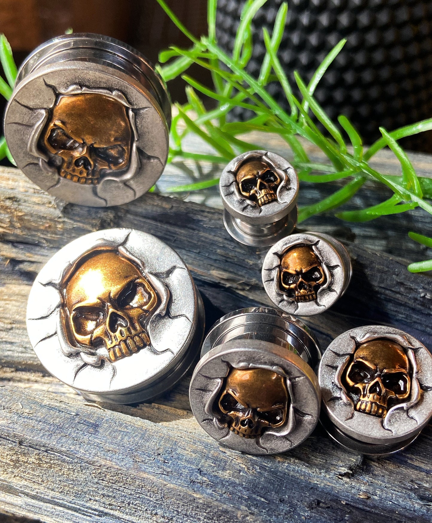 PAIR of Unique Bronze Crashing Skull Screw Fit Tunnels/Plugs - Gauges 0g (8mm) thru 1" (25mm) available!