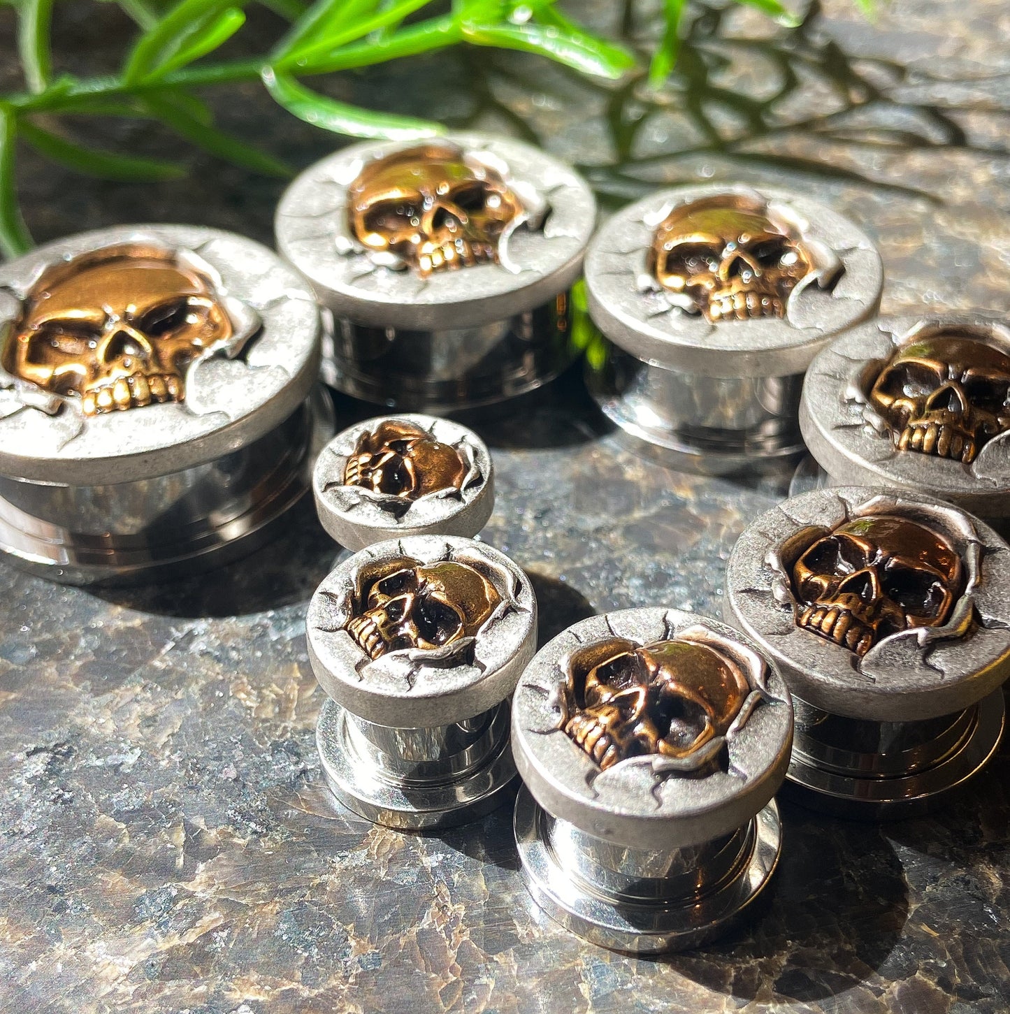 PAIR of Unique Bronze Crashing Skull Screw Fit Tunnels/Plugs - Gauges 0g (8mm) thru 1" (25mm) available!