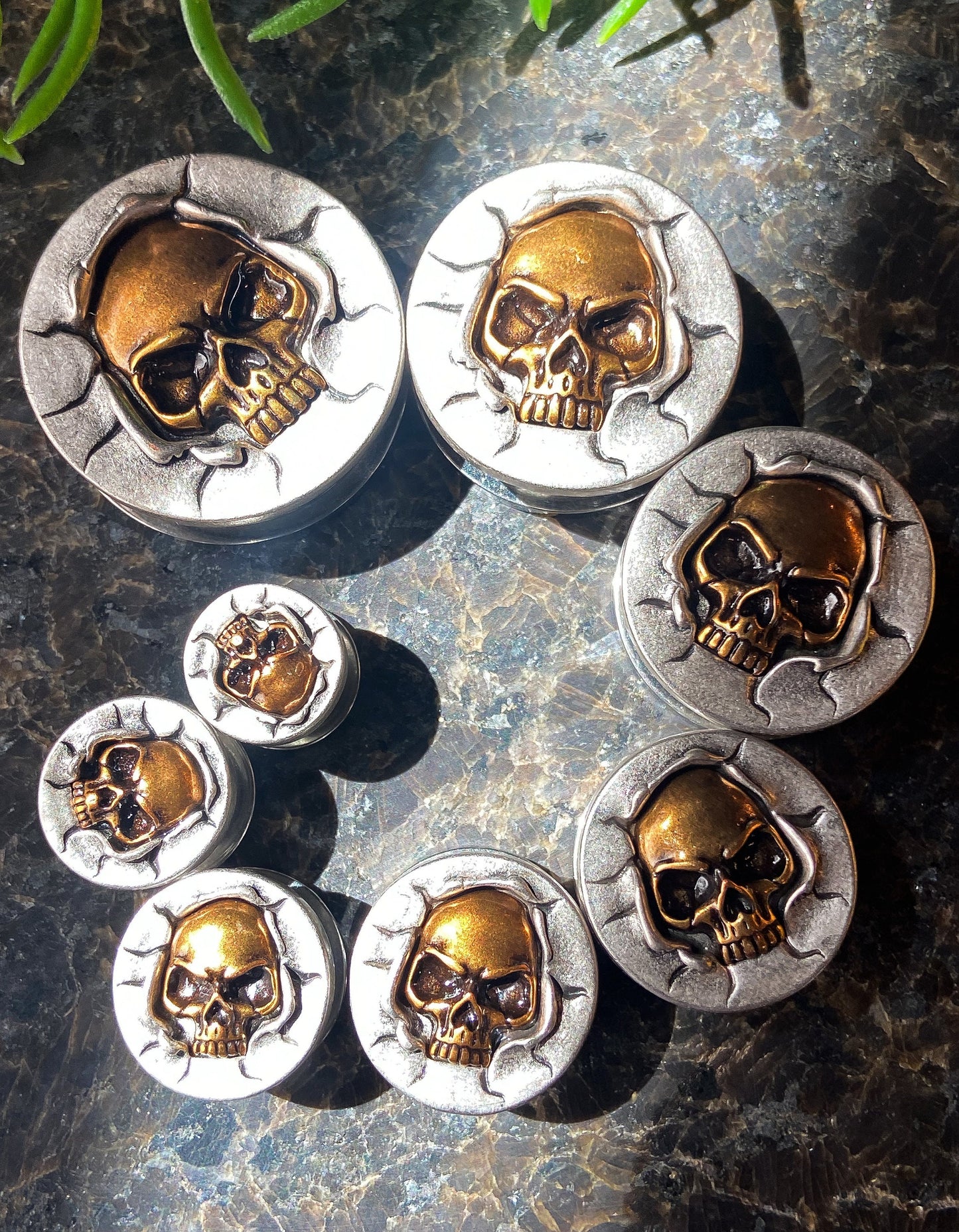 PAIR of Unique Bronze Crashing Skull Screw Fit Tunnels/Plugs - Gauges 0g (8mm) thru 1" (25mm) available!