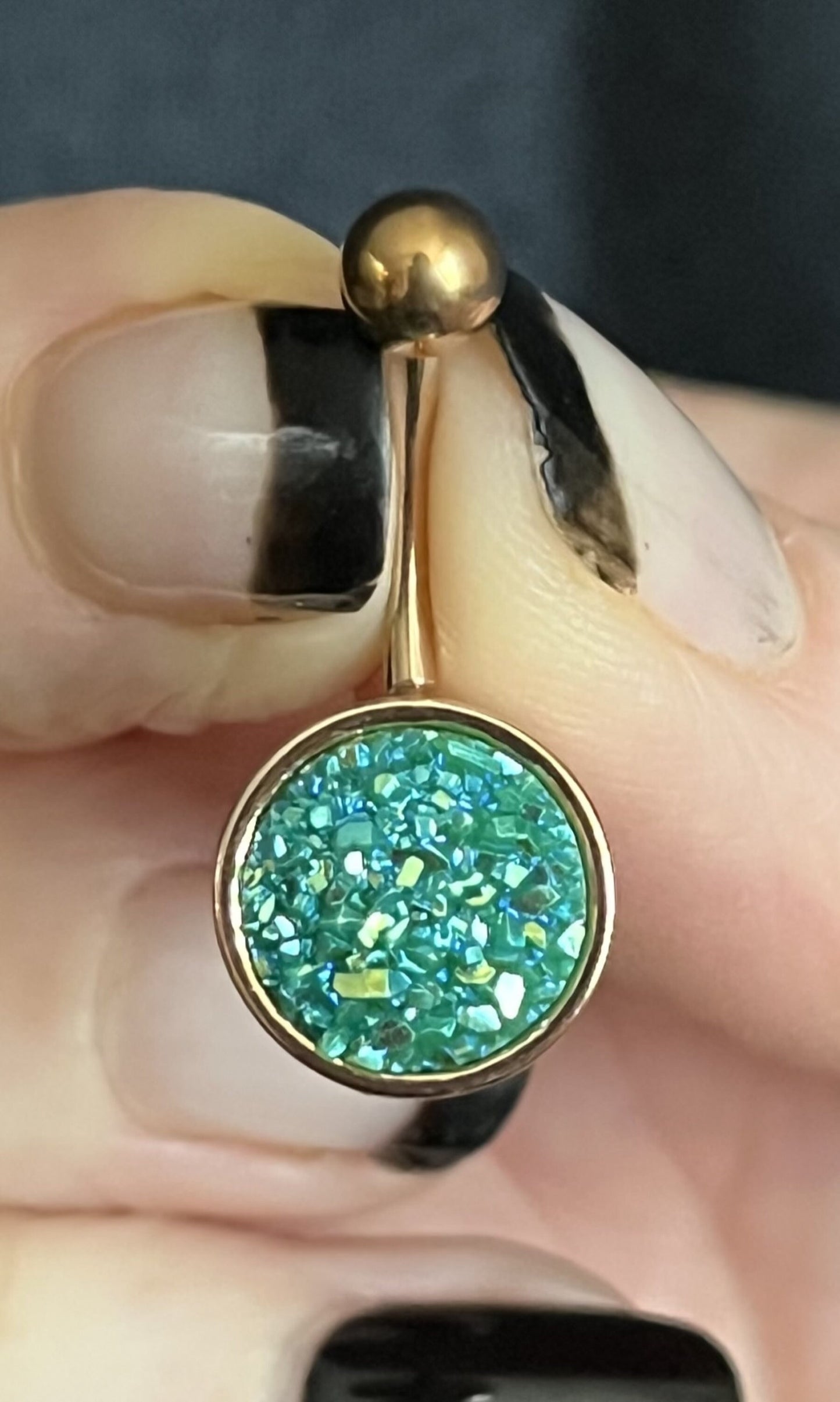 1 Piece Stunning Round Druzy Stone Style Rose Gold Plated Steel Belly Ring - 14g - 10mm - Available in a Variety of Colors!