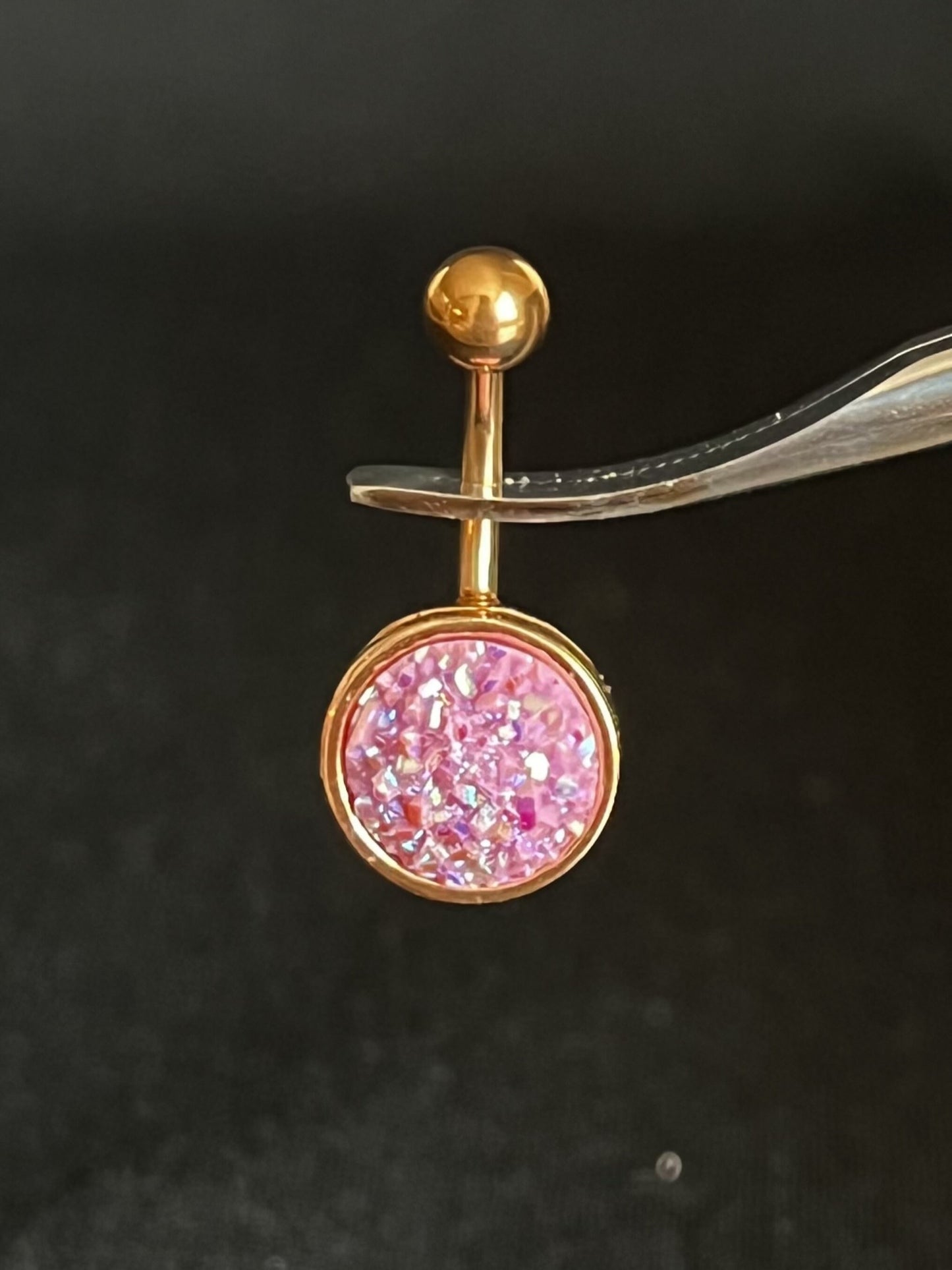 1 Piece Stunning Round Druzy Stone Style Rose Gold Plated Steel Belly Ring - 14g - 10mm - Available in a Variety of Colors!