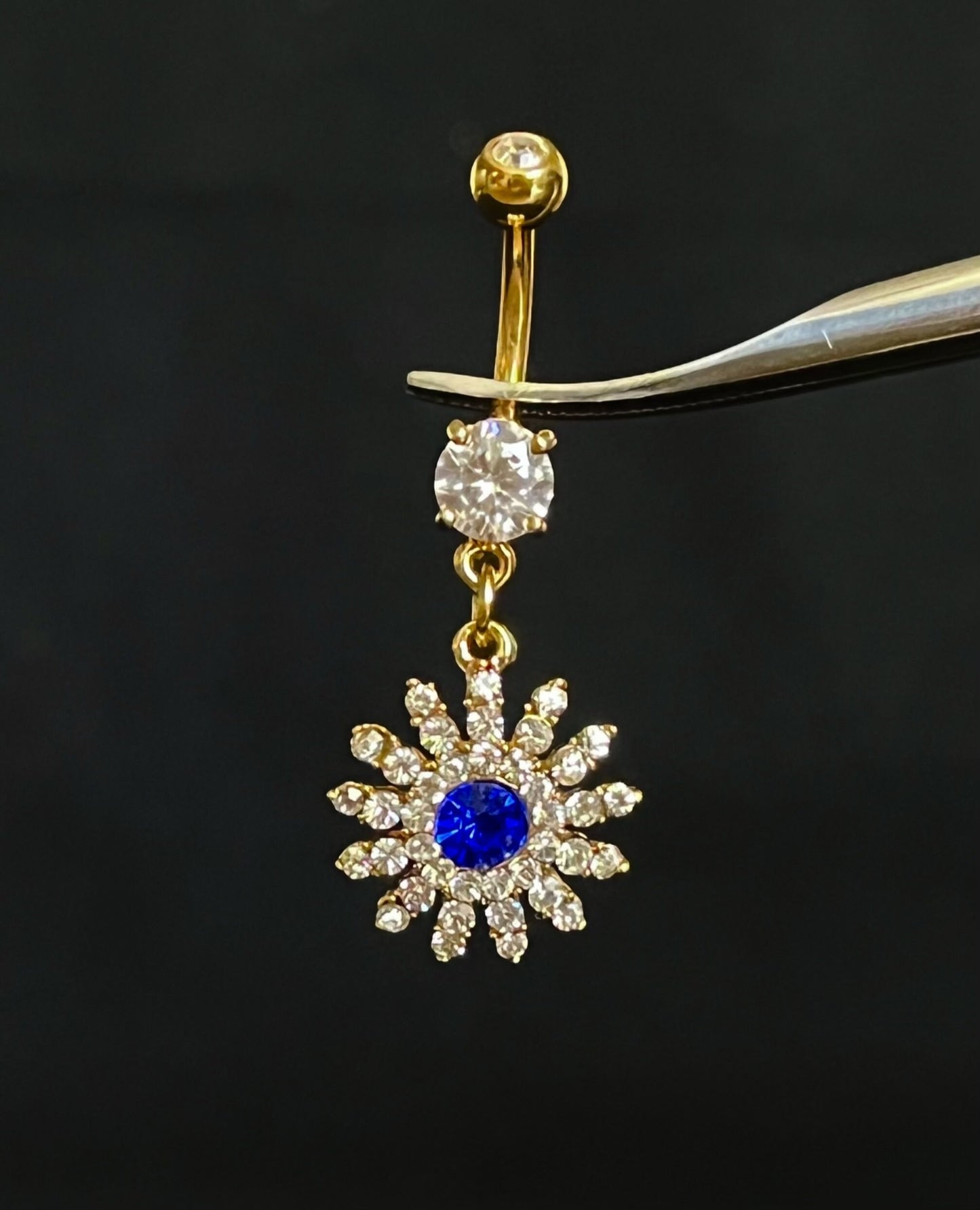 1 Piece Stunning Paved Gem Flower with Blue CZ Center Dangle Navel / Naval Belly Ring - 14g - 10mm - Gold, Steel and Rose Gold Available!