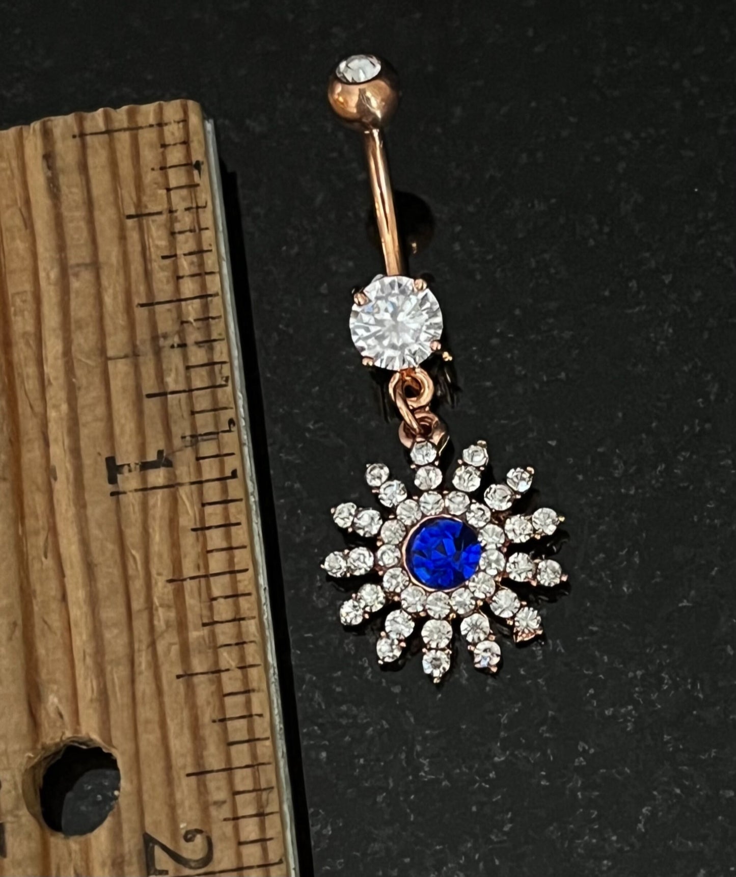 1 Piece Stunning Paved Gem Flower with Blue CZ Center Dangle Navel / Naval Belly Ring - 14g - 10mm - Gold, Steel and Rose Gold Available!
