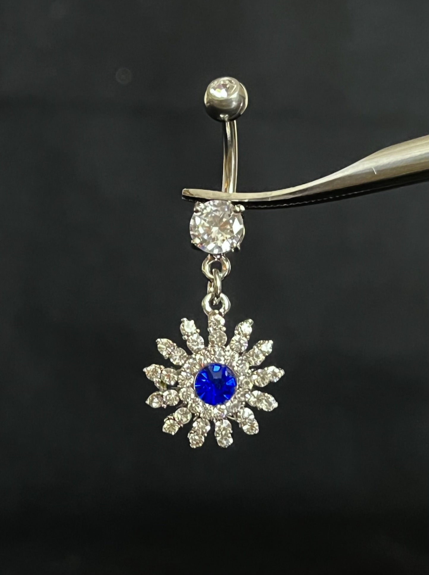 1 Piece Stunning Paved Gem Flower with Blue CZ Center Dangle Navel / Naval Belly Ring - 14g - 10mm - Gold, Steel and Rose Gold Available!