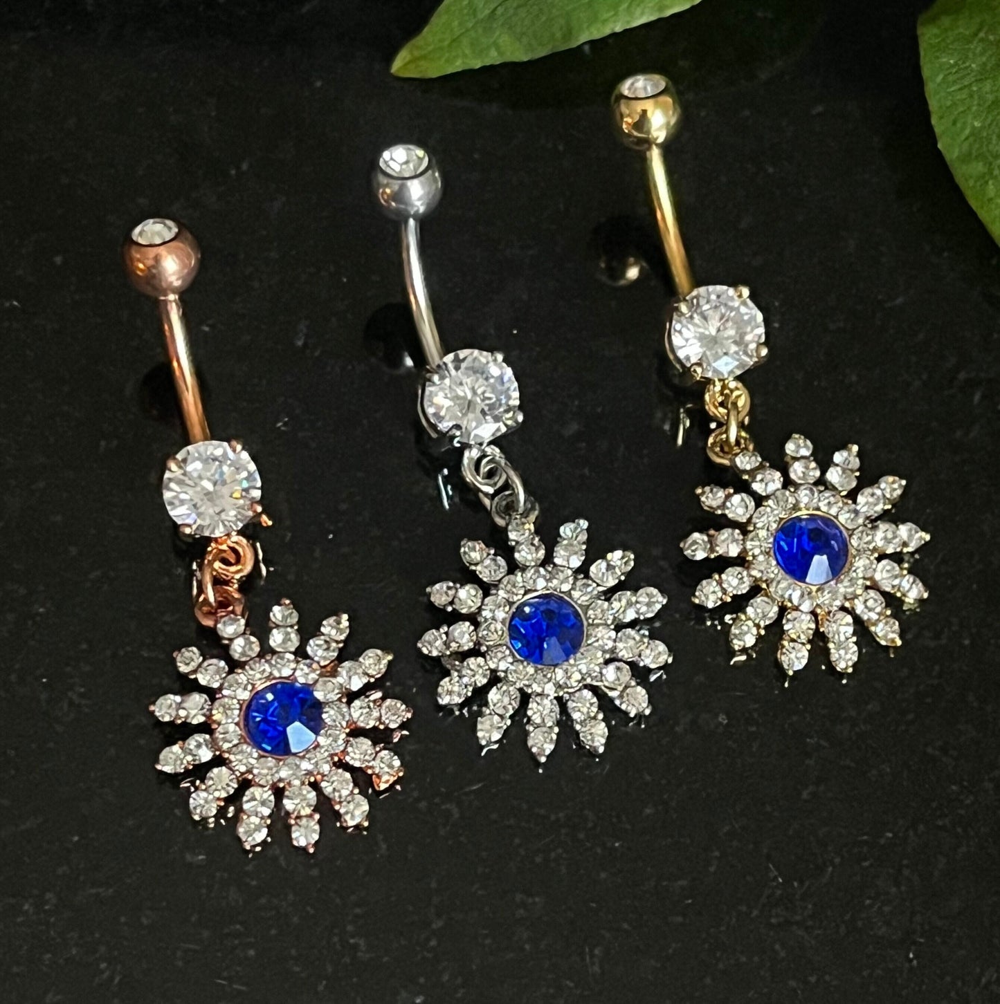 1 Piece Stunning Paved Gem Flower with Blue CZ Center Dangle Navel / Naval Belly Ring - 14g - 10mm - Gold, Steel and Rose Gold Available!