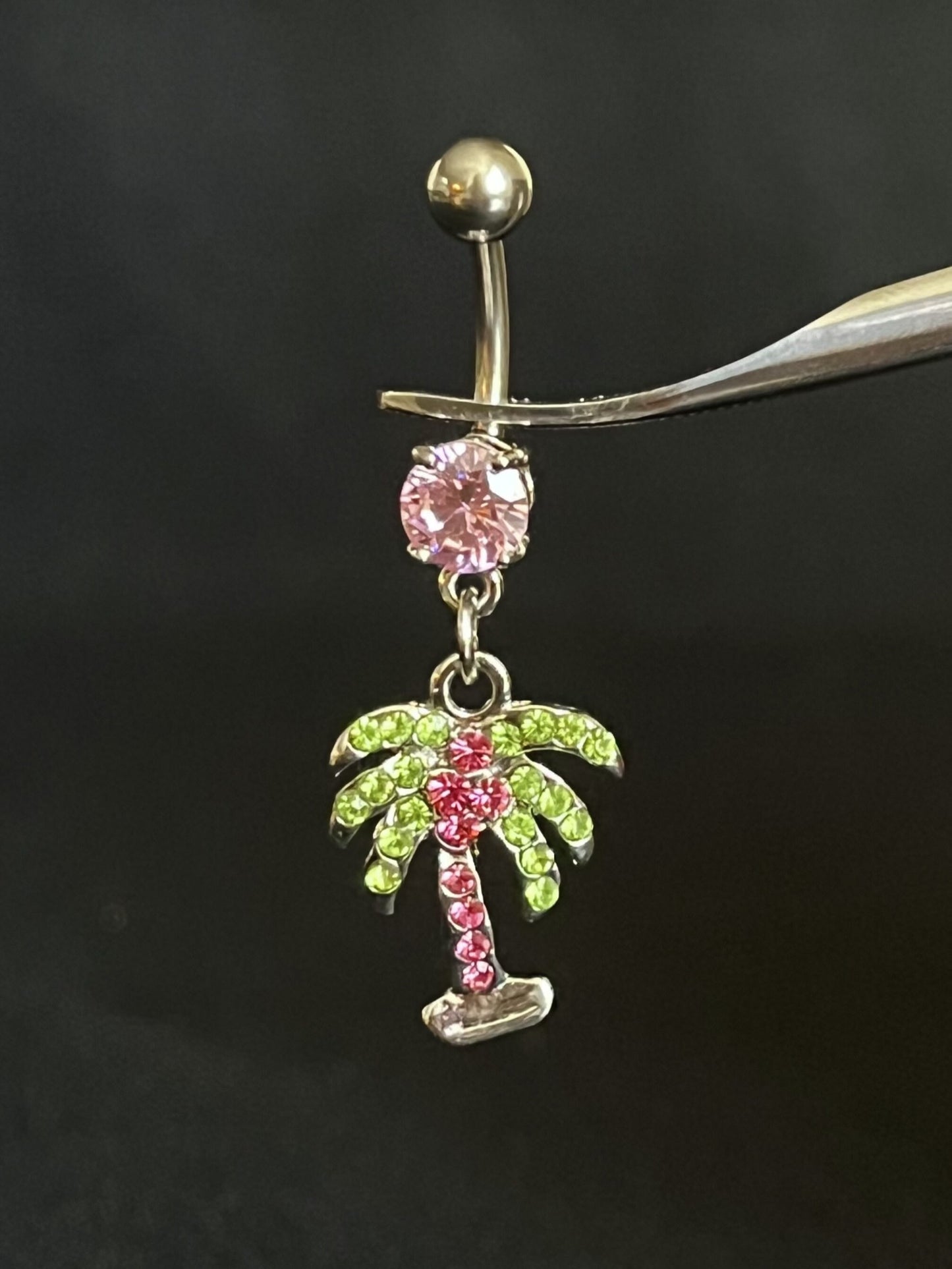 1 Piece Beautiful Palm Tree CZ Gem Navel / Naval Belly Ring - 14g - 10mm - Clear, Pink & Aqua Available!