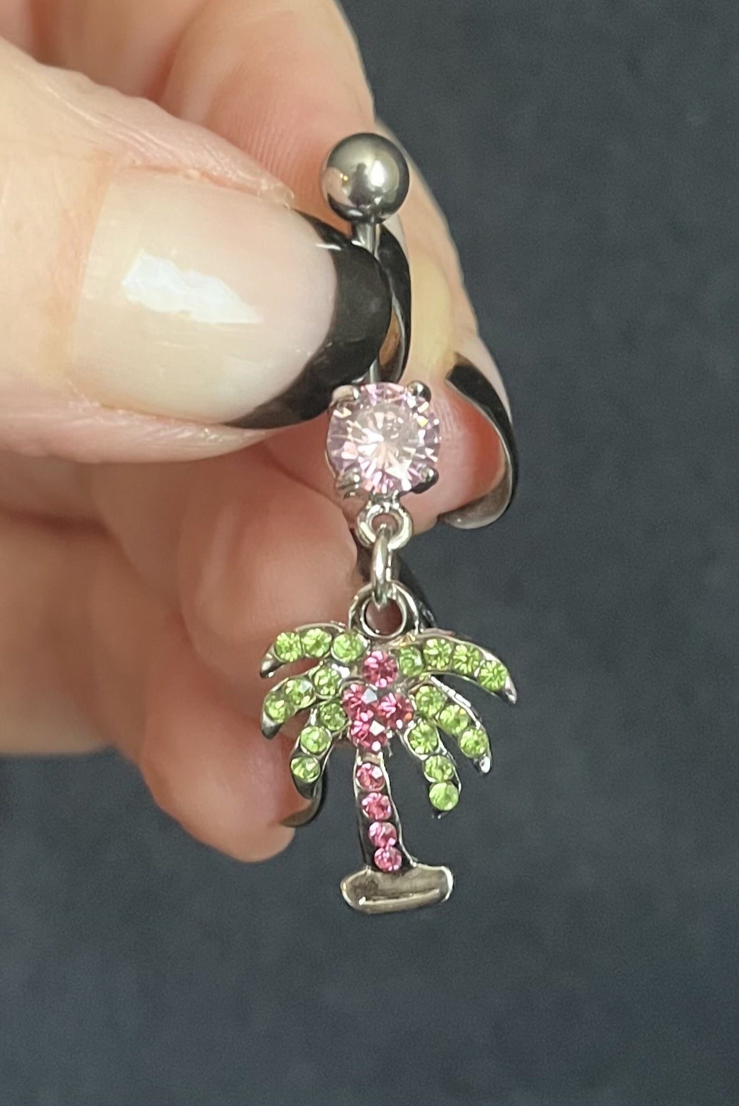 1 Piece Beautiful Palm Tree CZ Gem Navel / Naval Belly Ring - 14g - 10mm - Clear, Pink & Aqua Available!
