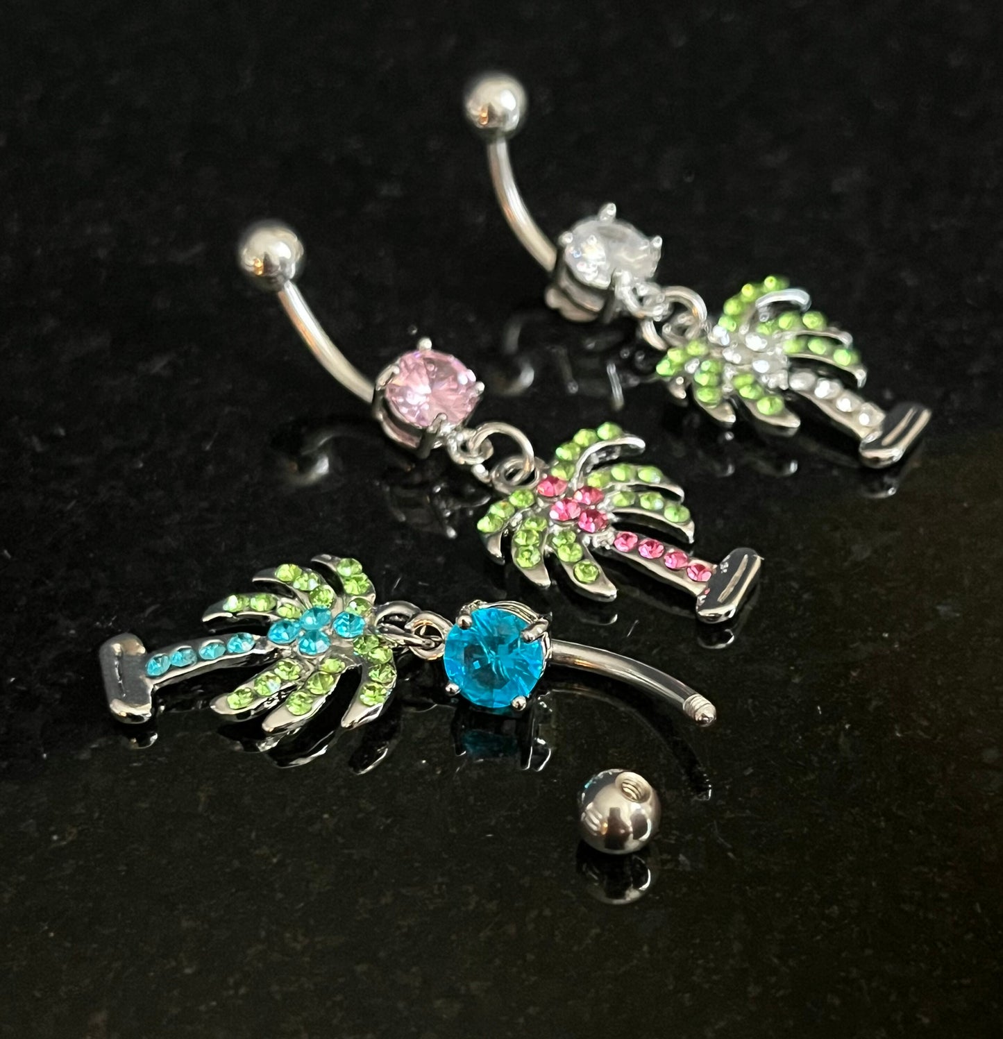 1 Piece Beautiful Palm Tree CZ Gem Navel / Naval Belly Ring - 14g - 10mm - Clear, Pink & Aqua Available!