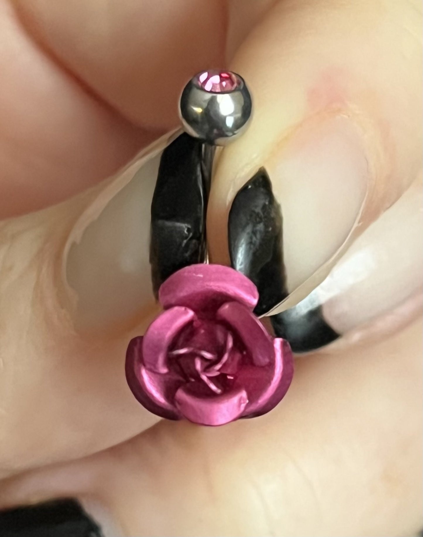 1 Piece Unique Colored Metal Rose with CZ Gem Navel / Naval Belly Ring - 14g - 10mm - Pink, Purple, Red, Green, Aqua & Black Available!