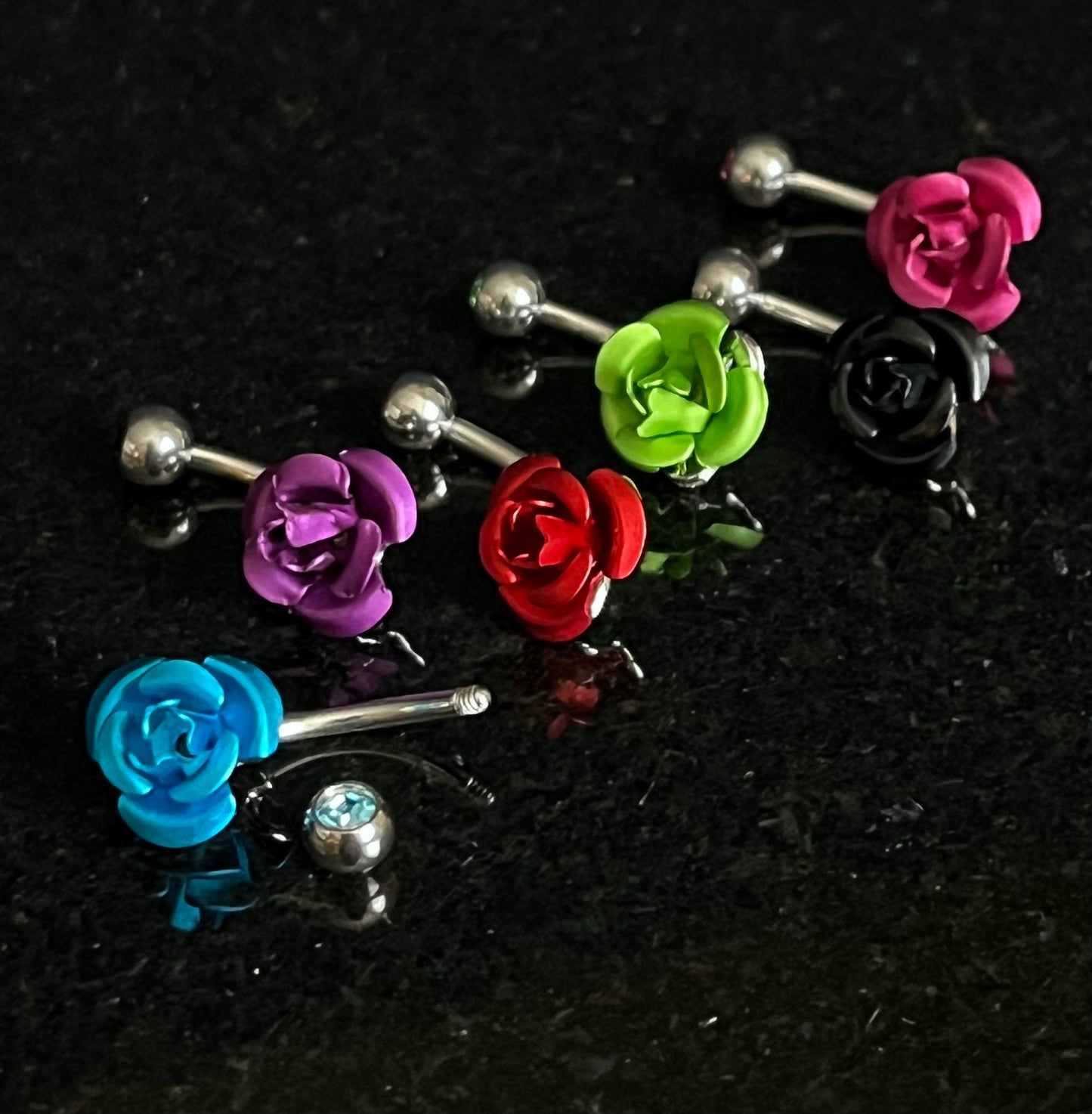 1 Piece Unique Colored Metal Rose with CZ Gem Navel / Naval Belly Ring - 14g - 10mm - Pink, Purple, Red, Green, Aqua & Black Available!