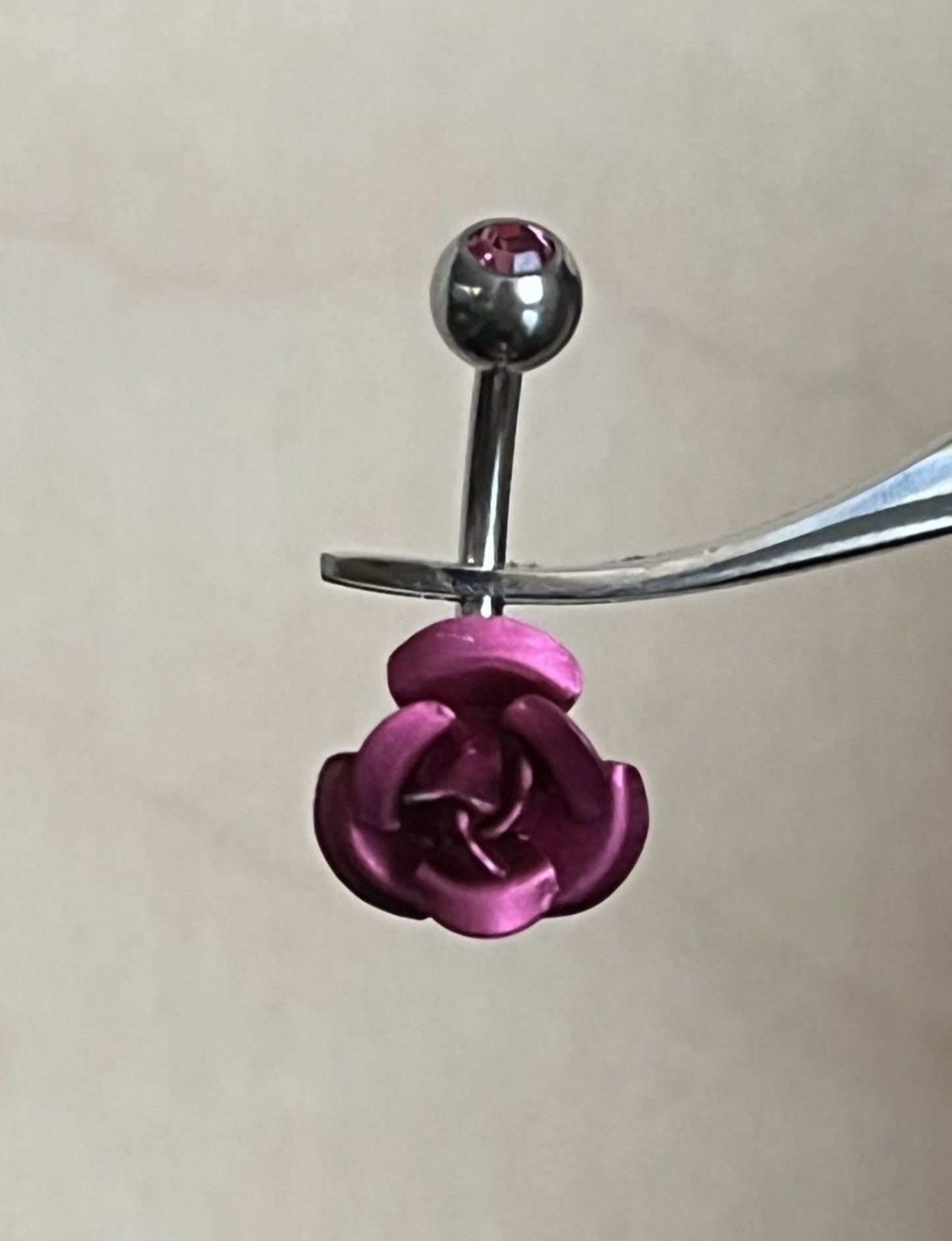 1 Piece Unique Colored Metal Rose with CZ Gem Navel / Naval Belly Ring - 14g - 10mm - Pink, Purple, Red, Green, Aqua & Black Available!