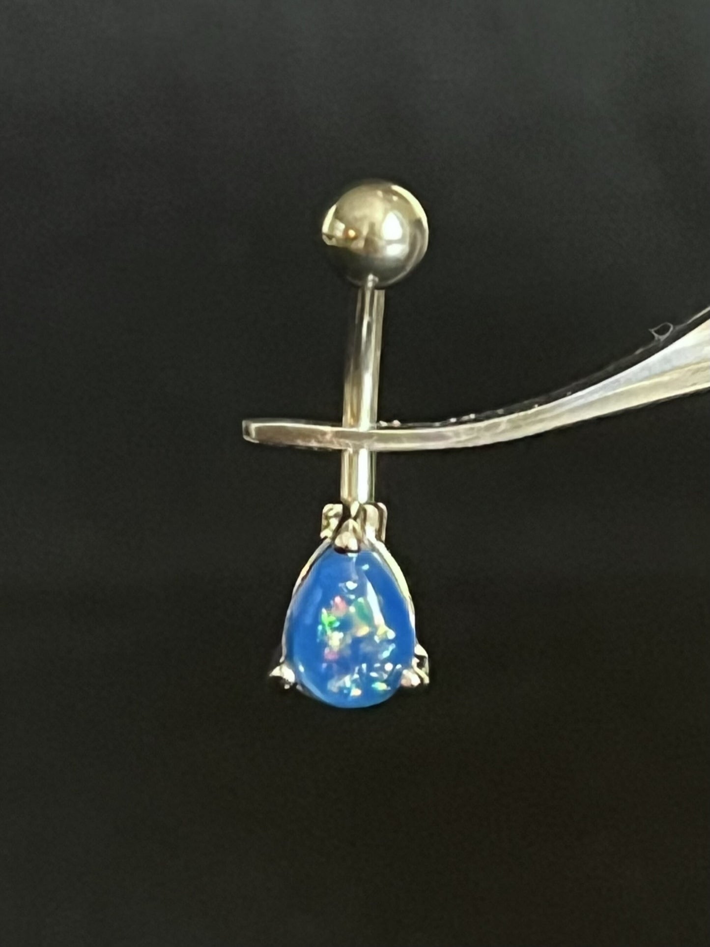 1 Piece Solitaire Tear Drop Opal Glitter Gem 316L Surgical Steel Navel/Naval Belly Ring - 14g - Blue, Pink, White & Dark Green Available!