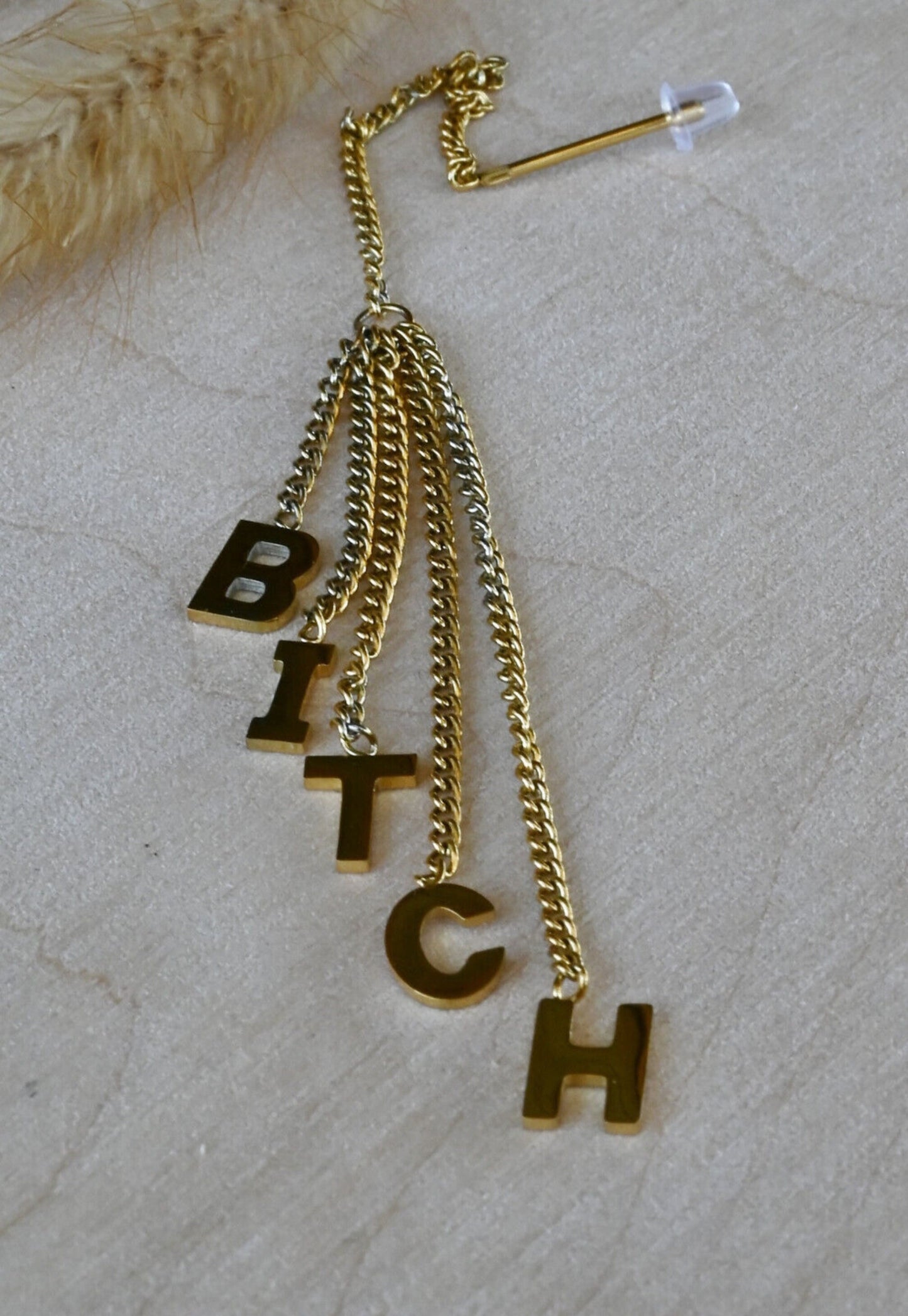 Pair of Unique "Bitch" Chain Threader Earrings Free Falling 316L Stainless Steel Stud Earrings- 20g - Gold, Rose Gold and Silver Available!