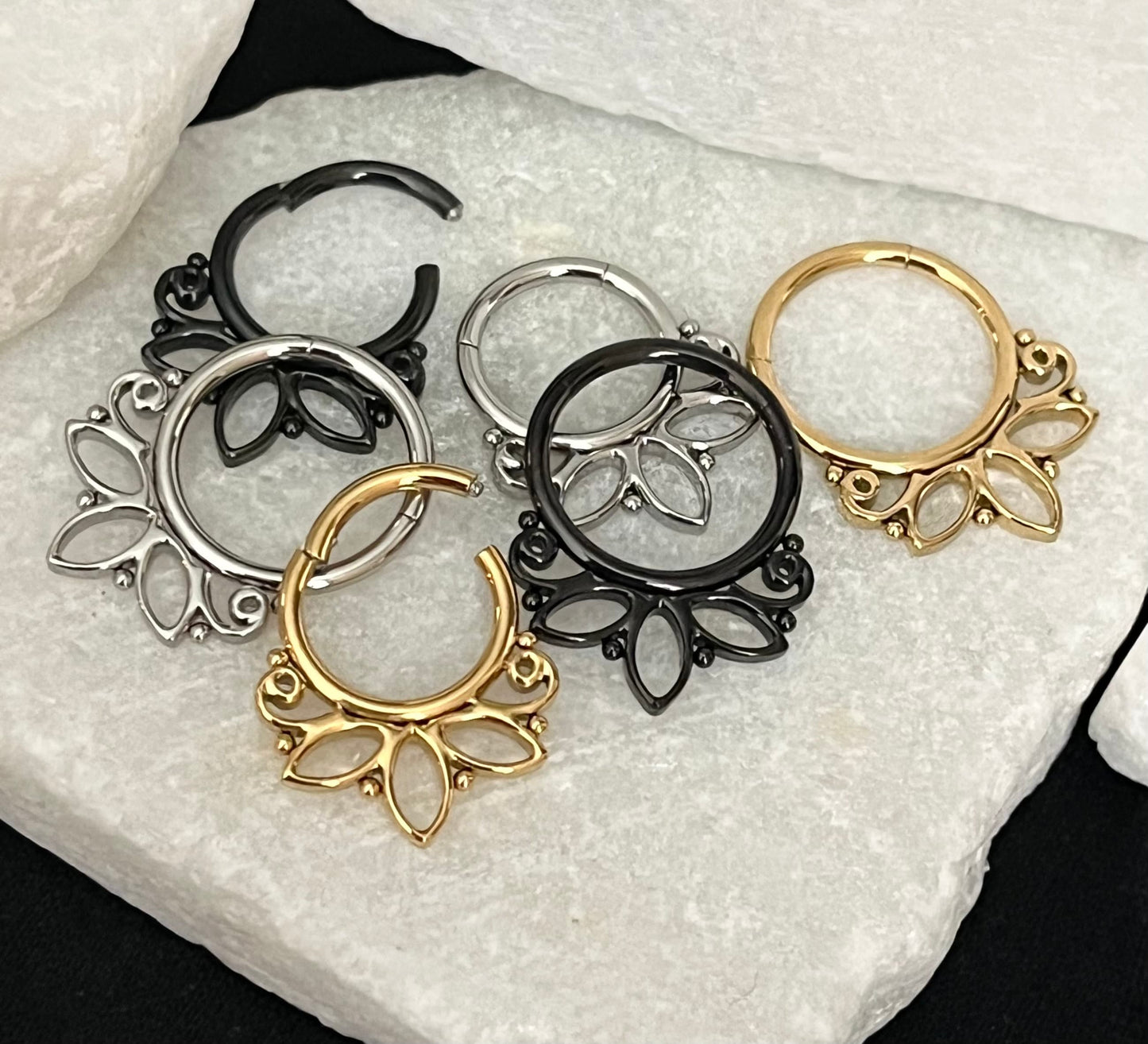 1 Piece Unique Lotus Design Hinged Segment Septum Ring- 18g - 10mm or 8mm - Silver, Gold & Black available!