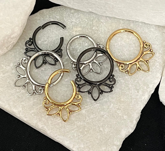 1 Piece Unique Lotus Design Hinged Segment Septum Ring- 18g - 10mm or 8mm - Silver, Gold & Black available!