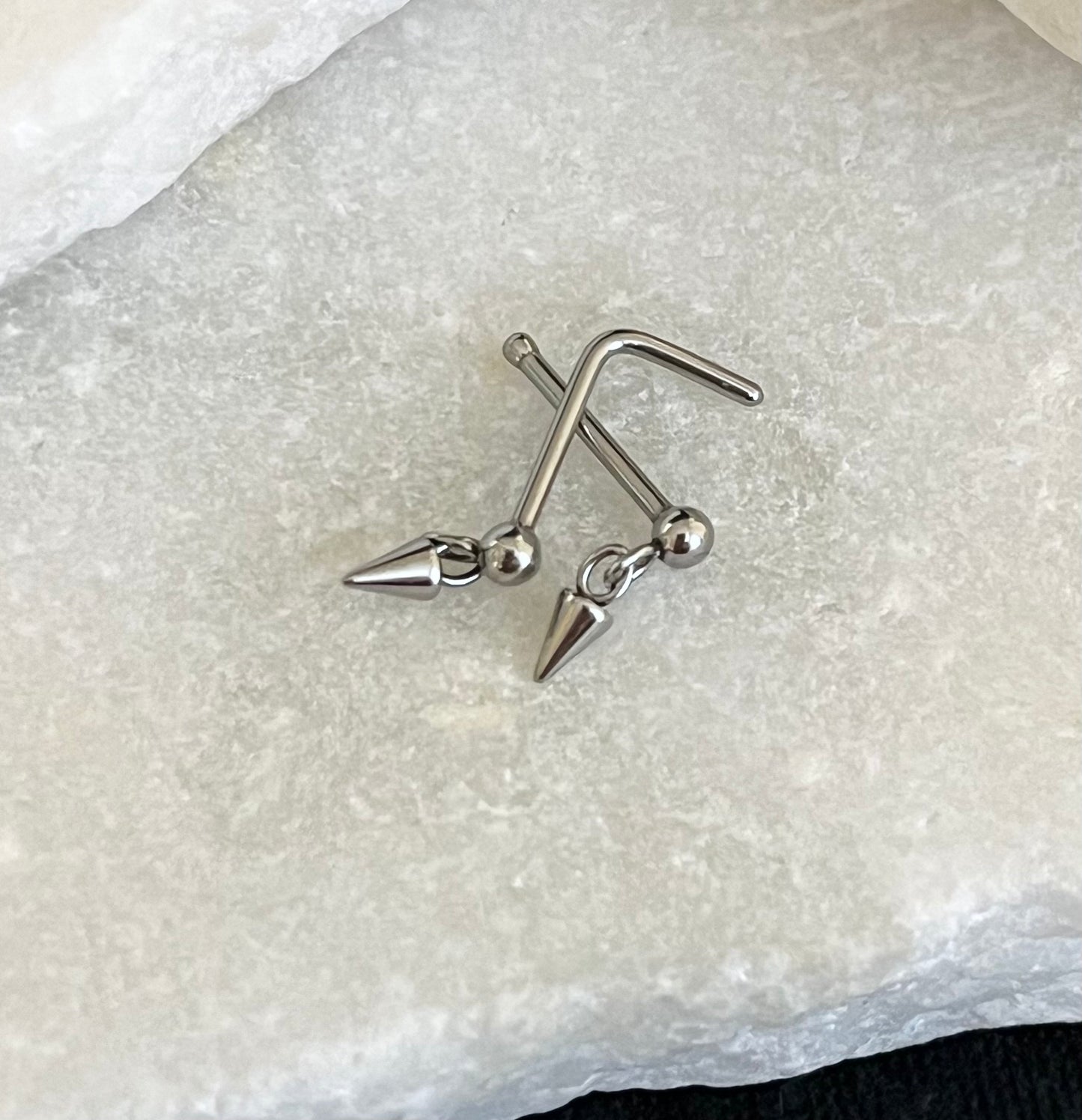 1 Piece Ball and Chain Spike Dangle Nose Ring - Available in 20g L-Bend Post or Straight Stud Post - 6mm Wearable Length!