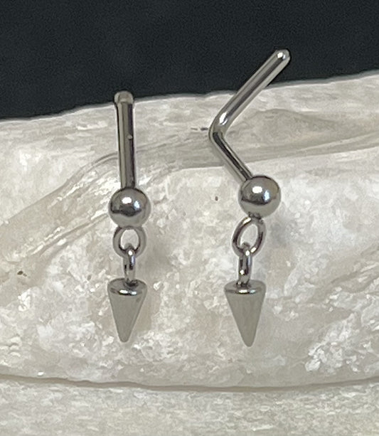 1 Piece Ball and Chain Spike Dangle Nose Ring - Available in 20g L-Bend Post or Straight Stud Post - 6mm Wearable Length!