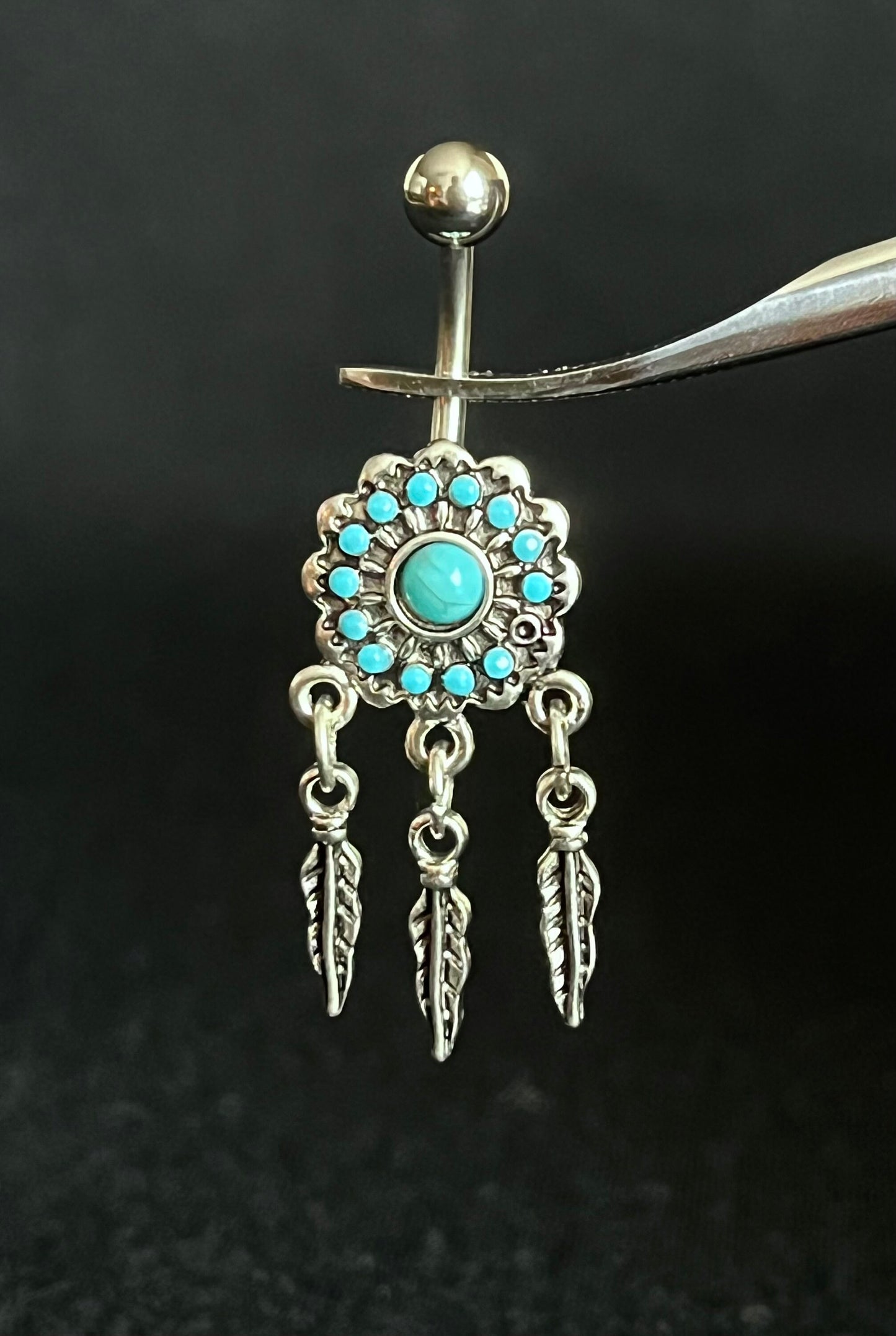 1 Piece Unusual Turquoise Paved Dreamcatcher Stone Surgical Steel Navel / Naval Belly Ring!