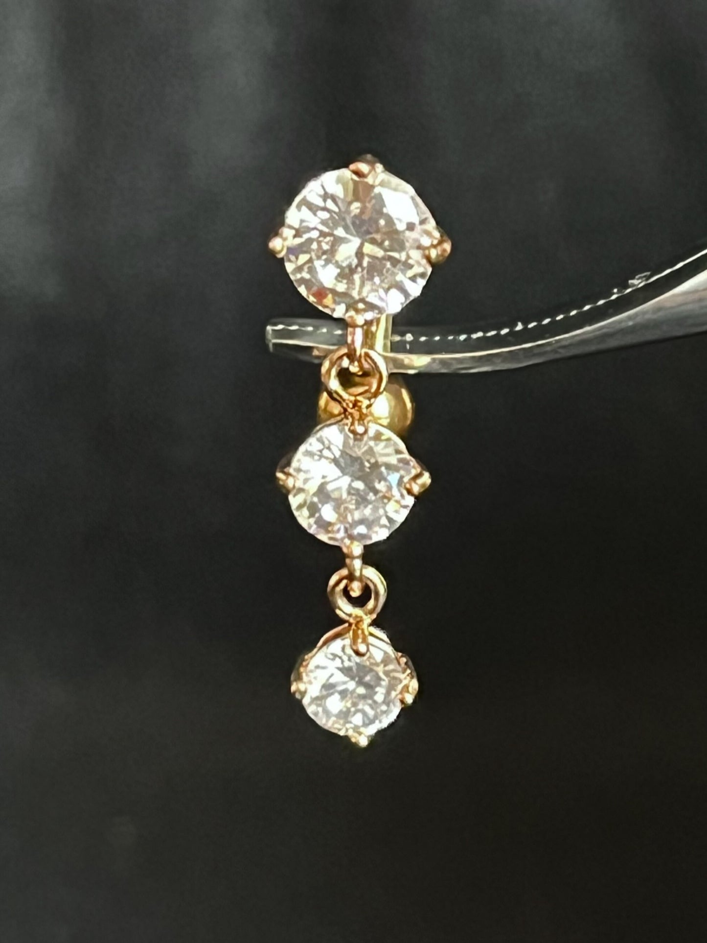 1 Piece Dazzling Triple Round CZ Gems Top Drop Dangle Reverse Navel/Naval Belly Ring- 14g - 10mm - Silver, Gold & Rose Gold Available!