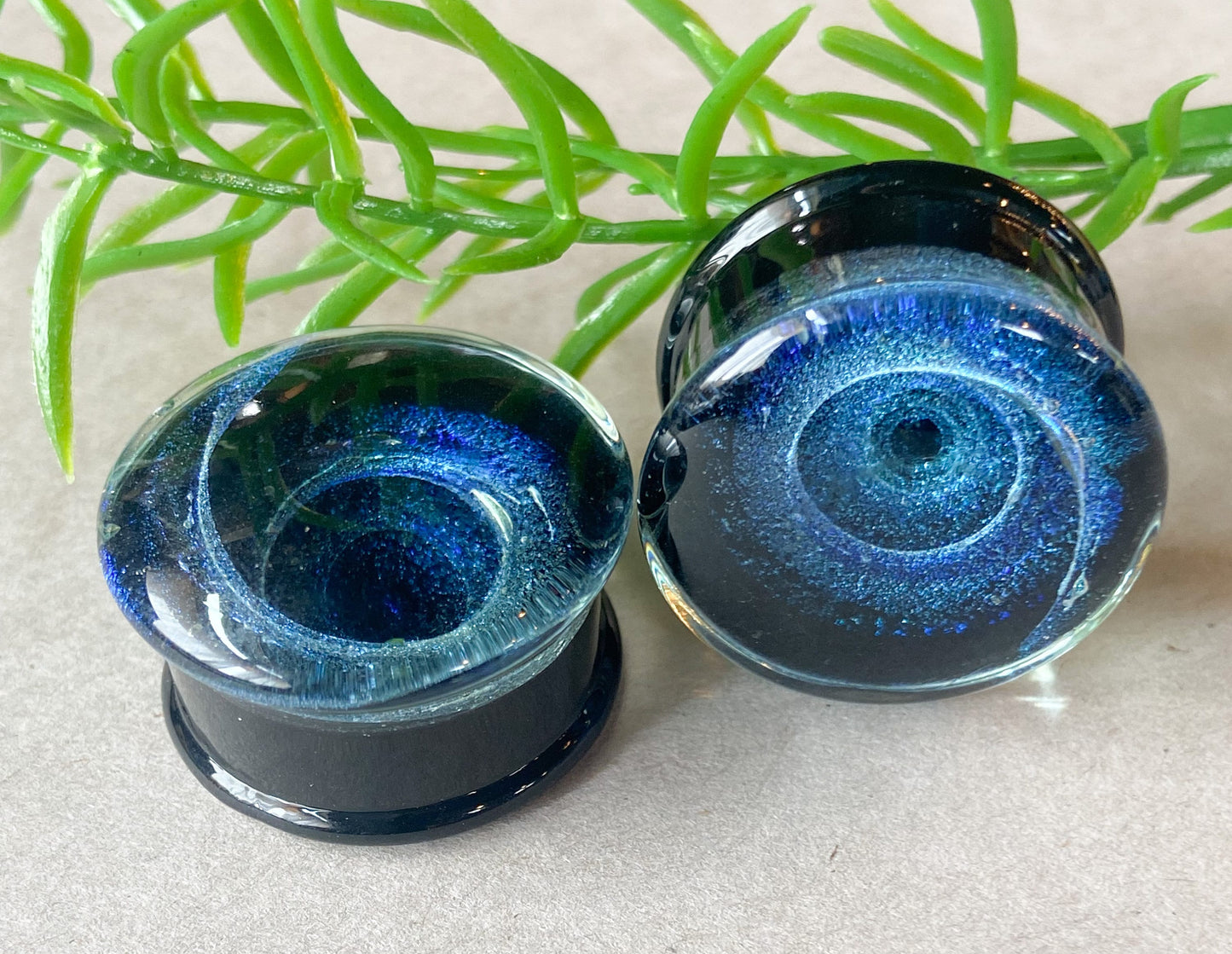 PAIR of Stunning Blue Vortex Swirl Design Pyrex Glass Double Flare Plugs/Tunnels - Gauges 2g (6mm) through 1" (25mm) available!