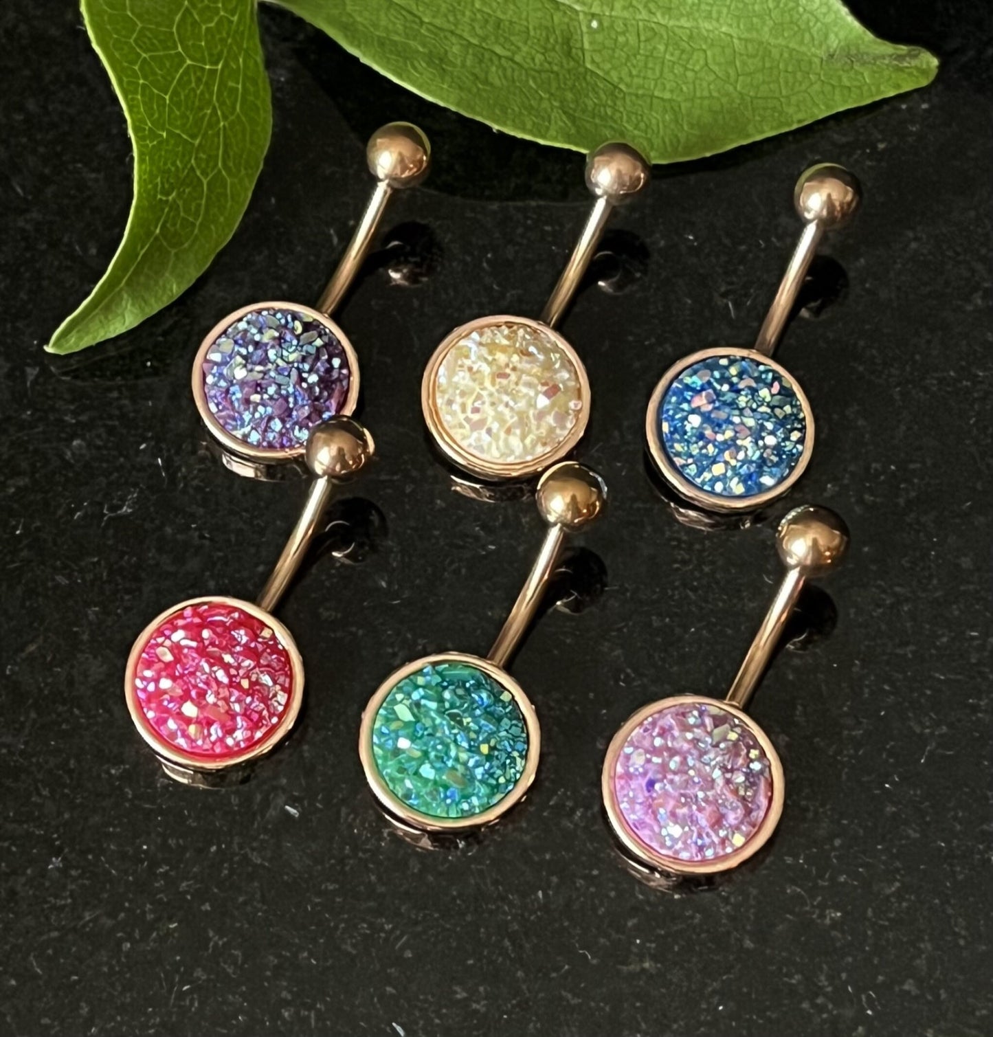 1 Piece Stunning Round Druzy Stone Style Rose Gold Plated Steel Belly Ring - 14g - 10mm - Available in a Variety of Colors!