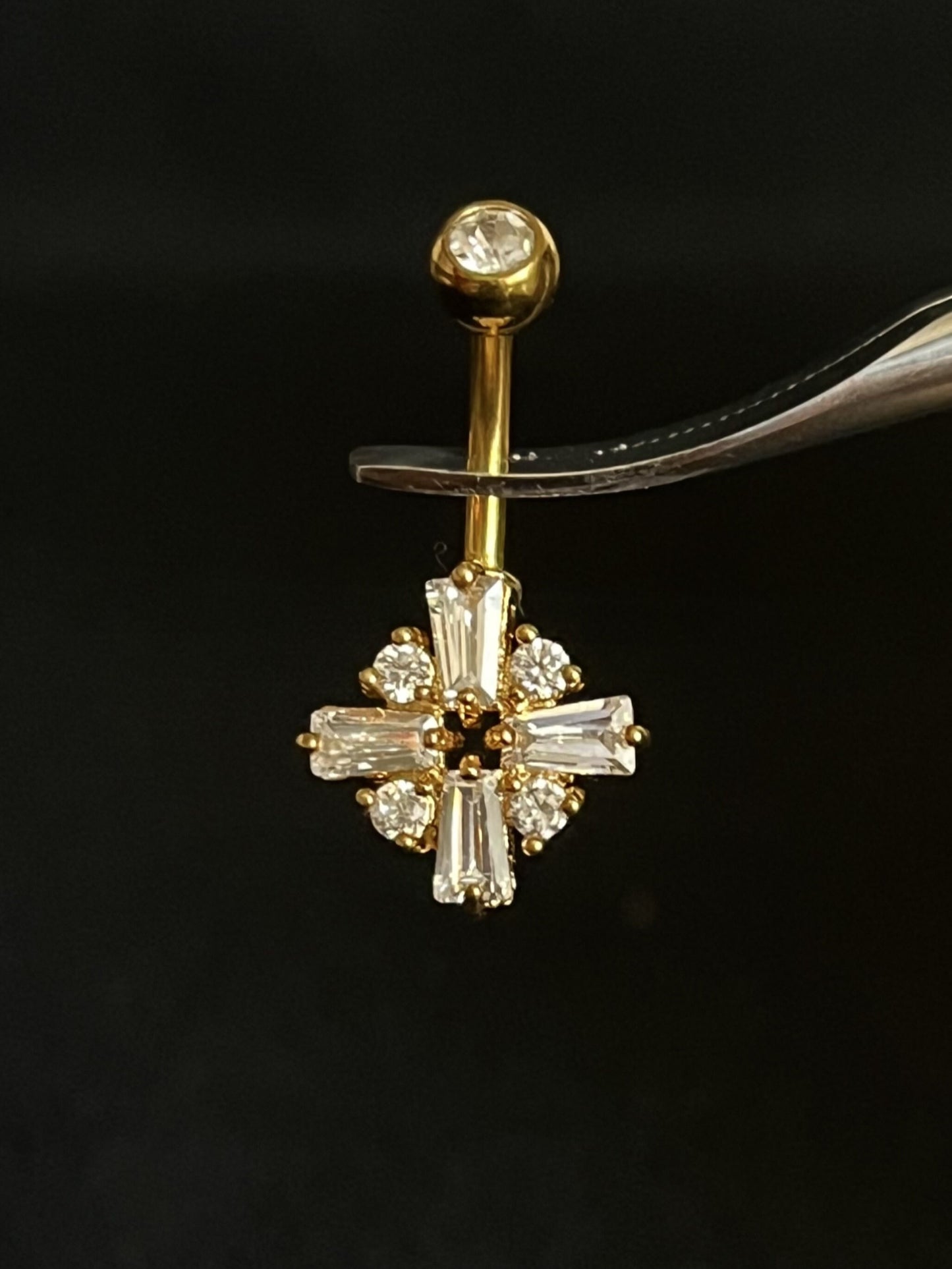 1 Piece Princess Cut CZ Gem Cross Surgical Steel Navel / Naval Belly Ring - 14g - 10mm- Gold, Steel and Rose Gold Available!
