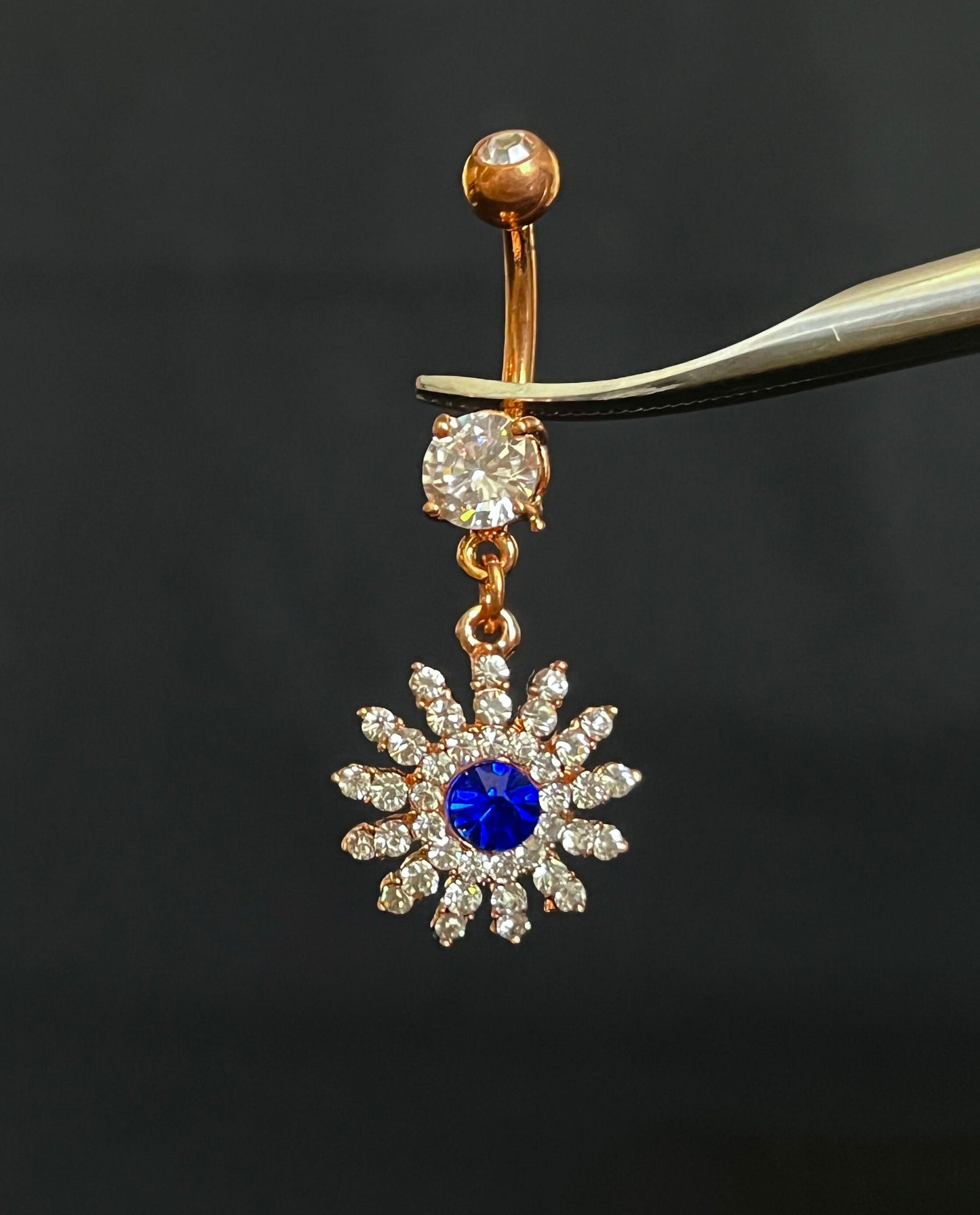 1 Piece Stunning Paved Gem Flower with Blue CZ Center Dangle Navel / Naval Belly Ring - 14g - 10mm - Gold, Steel and Rose Gold Available!